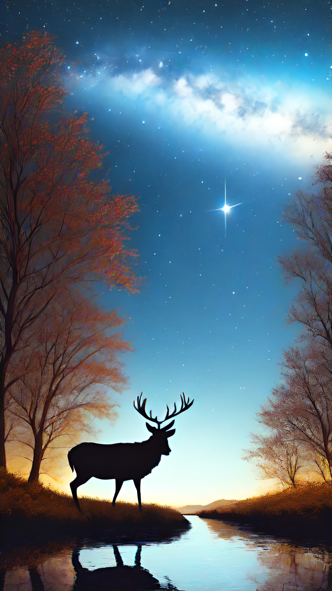 a stag walking over a creek reflecting the night sky preview