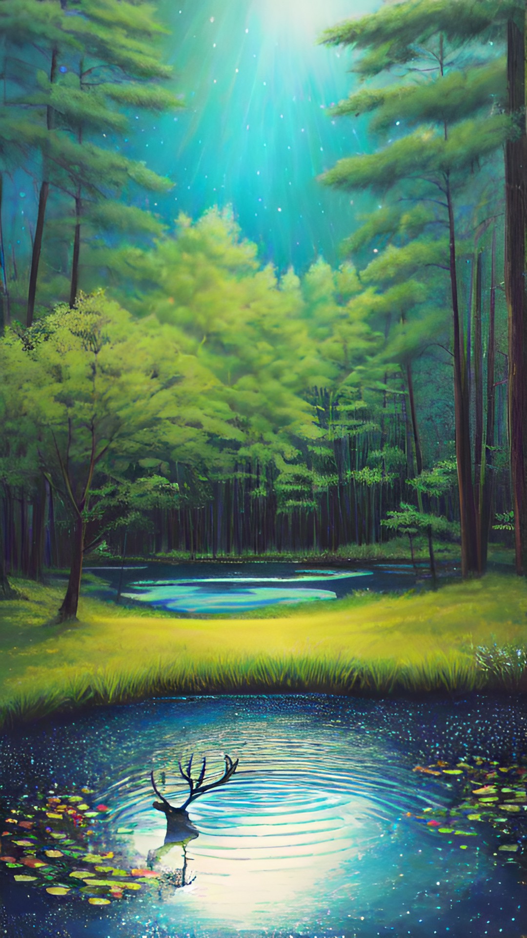 a deer drinking from a pond that reflects the galaxy, in the middle of a pine forest preview