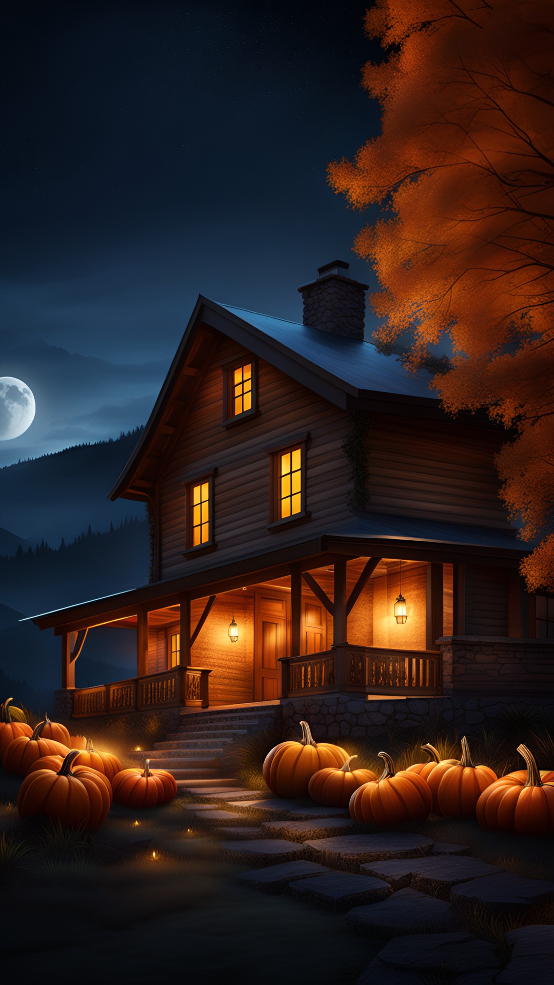 House Fall 01 - country house with porch in the mountains at night with pumpkins preview