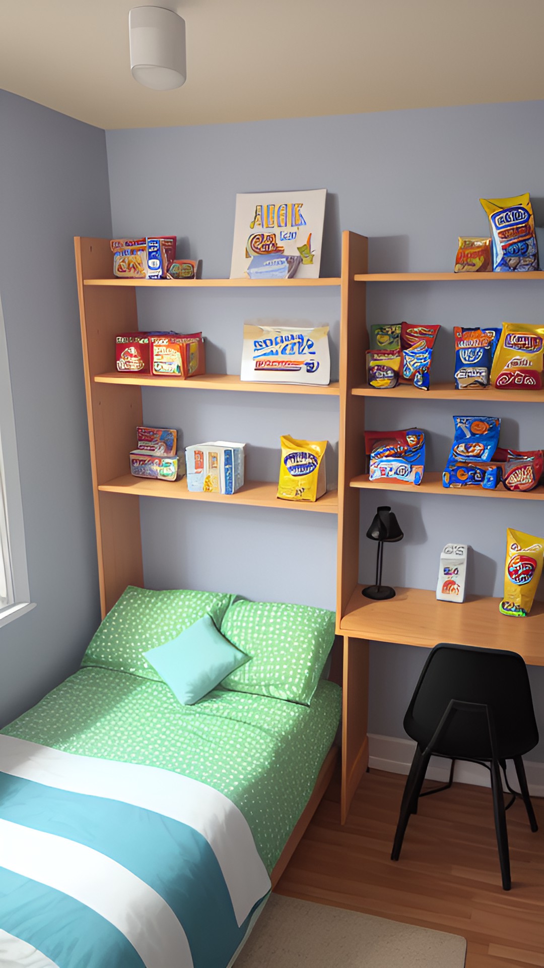 a bedroom with one bed a chair and a shelf with snacks on it preview