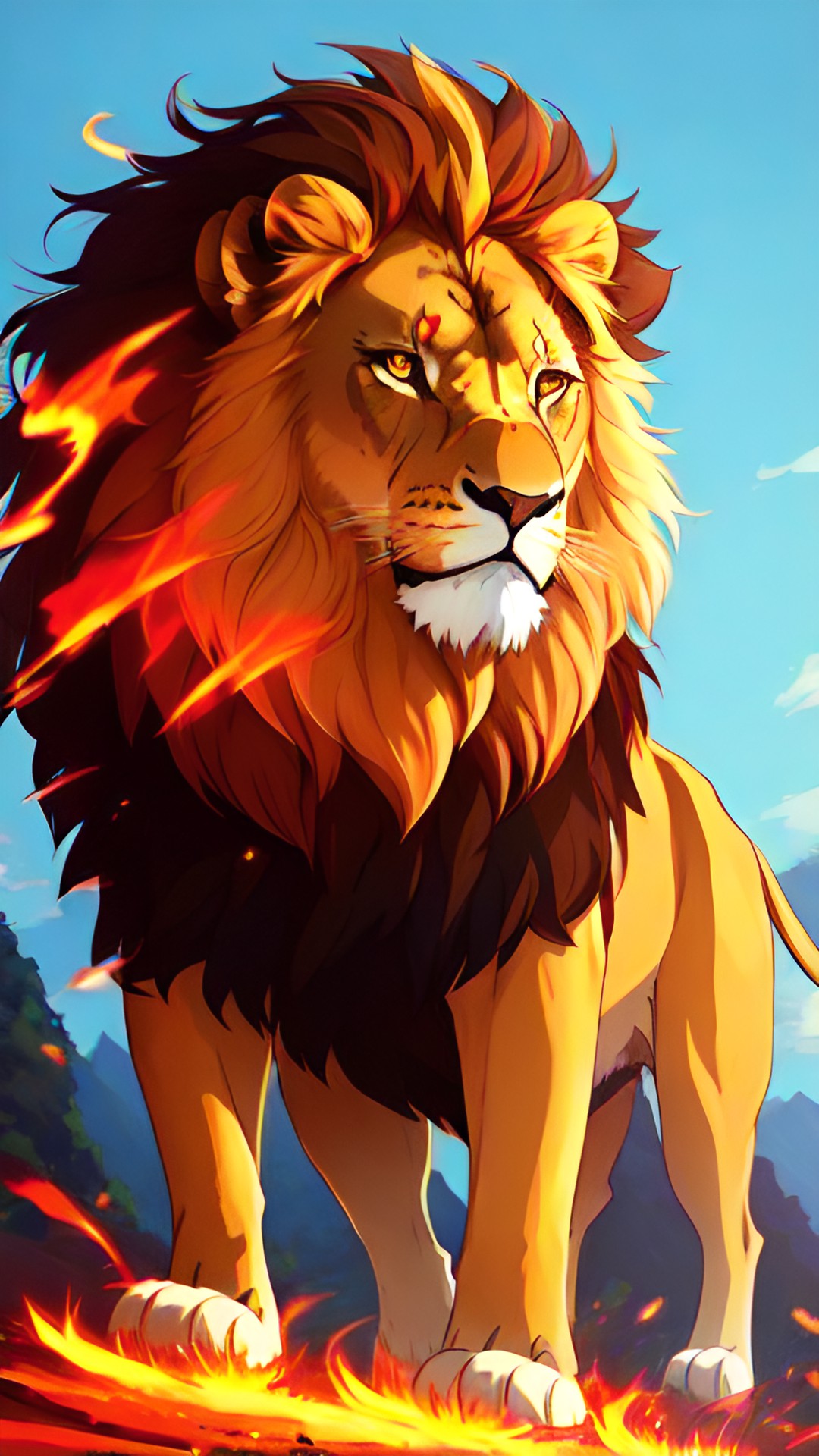 a lion siting down mane made of fire, crown on head. looking strate ahead. preview