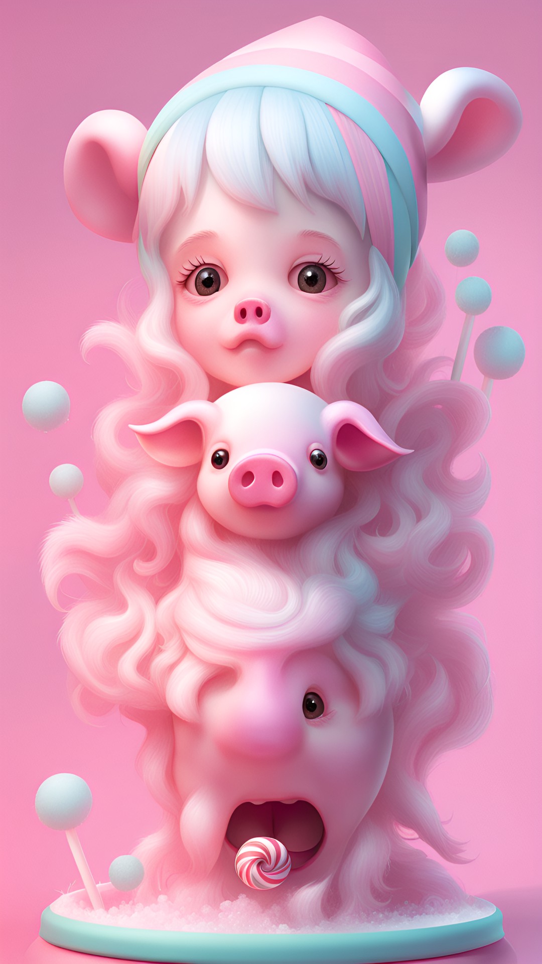 Tiny - very intricately detailed, realistic,  creepy, pastel colors, with a live candy cane, and a pink pig with a human wig on it.. preview