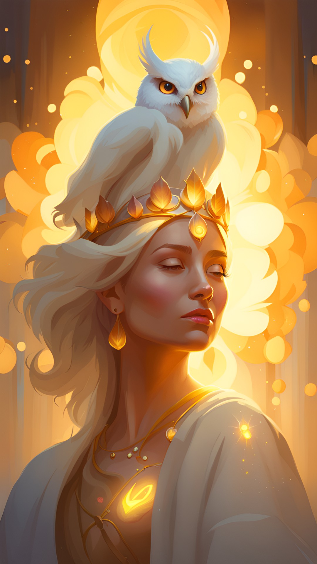 golden white fire goddess with rose crown, lotus and owl preview