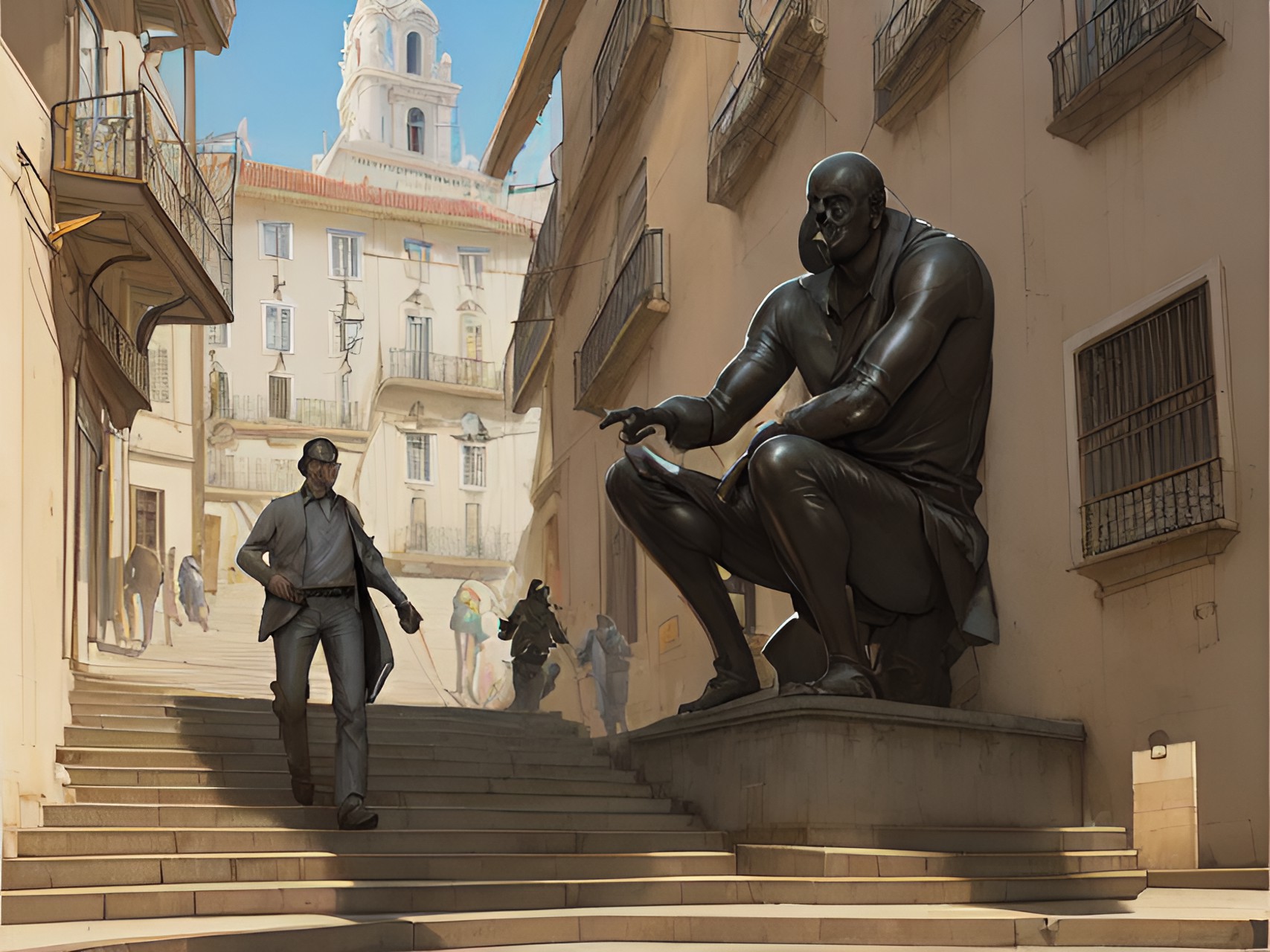 walk down on Lisbon - lisbon street, by mike mingola $colors$ close up to statue preview