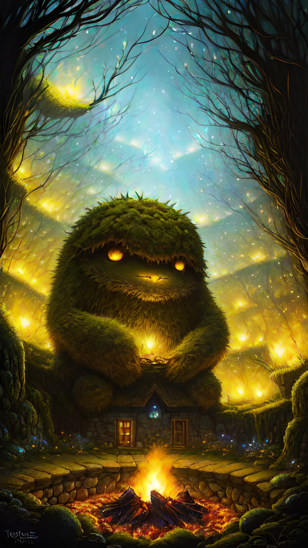 Moss monster - moss monster sitting in the earth cave behind the fireplace, luminous fireflies on the walls. preview