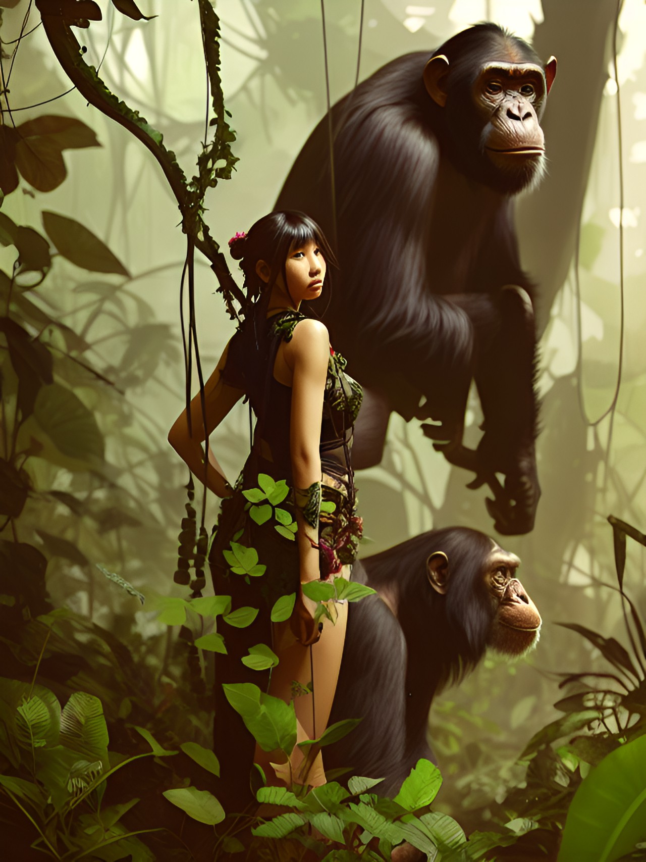 Friends of the Jungl - gorgeous jungle woman with large chimpanzee in jungle with vines and foliage preview