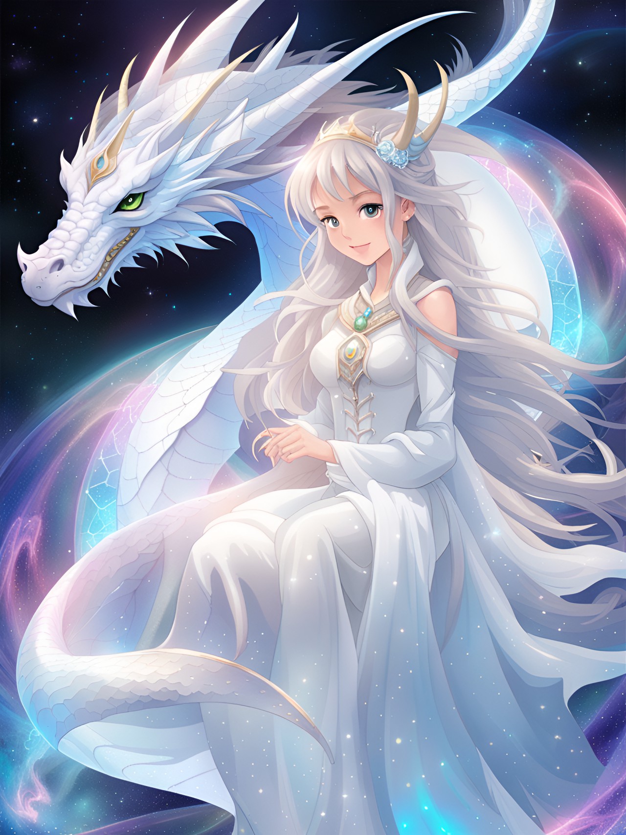 ファンタジーアート　ドラゴンと白いドレス姿の美しいお姫様 preview