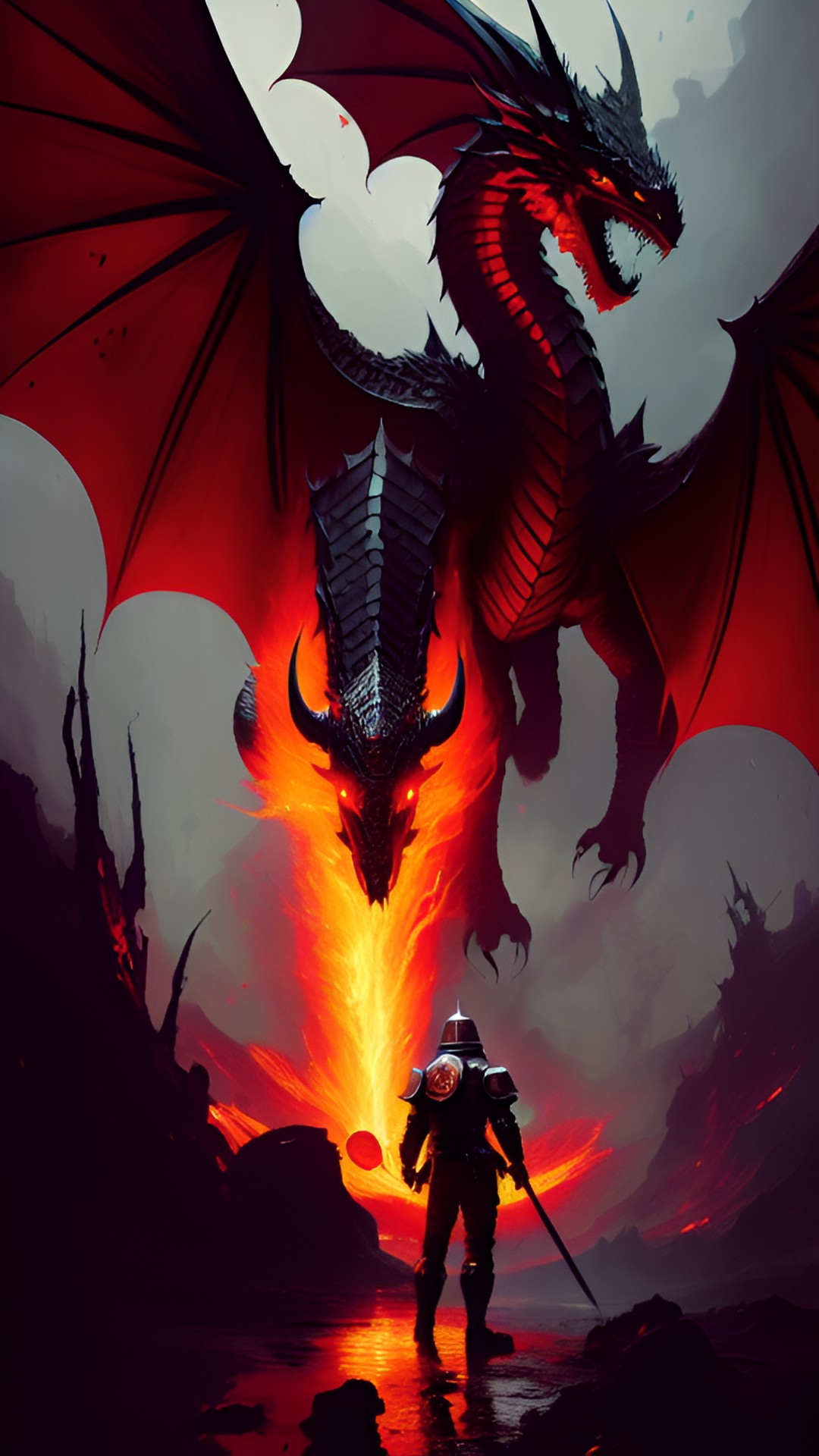 A Hero’s Test - red dragon rising over bubbling pit of lava. knight with shield and sword. preview