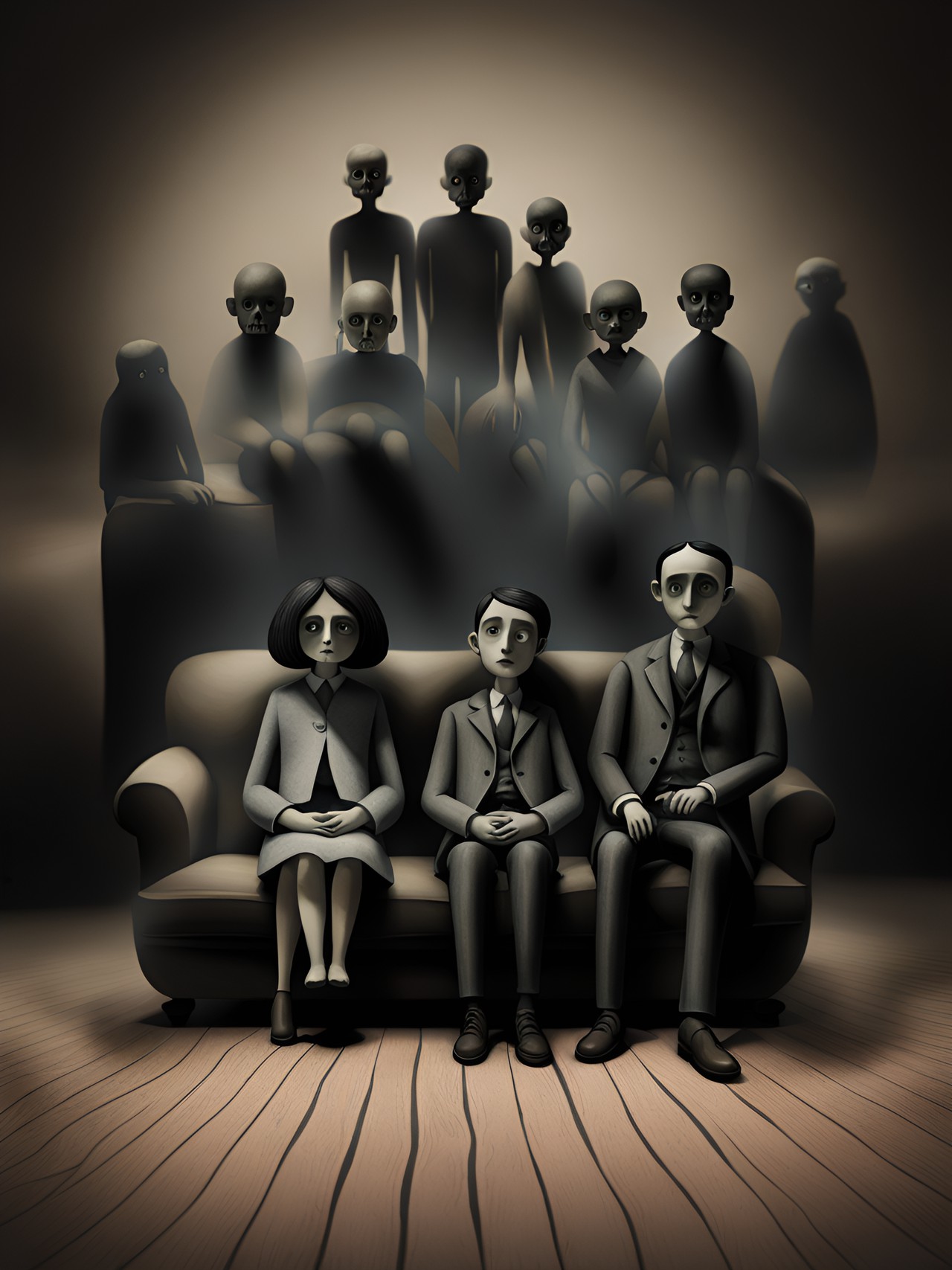 tintype of a normal family sitting on a couch in a sparse shadowy macabre living room with blurred ghostly silhouettes on the wall behind them, artistic collaboration, by leonora carrington, arthur tress, jheronimus bosch, louis daguerre & franz kafka preview