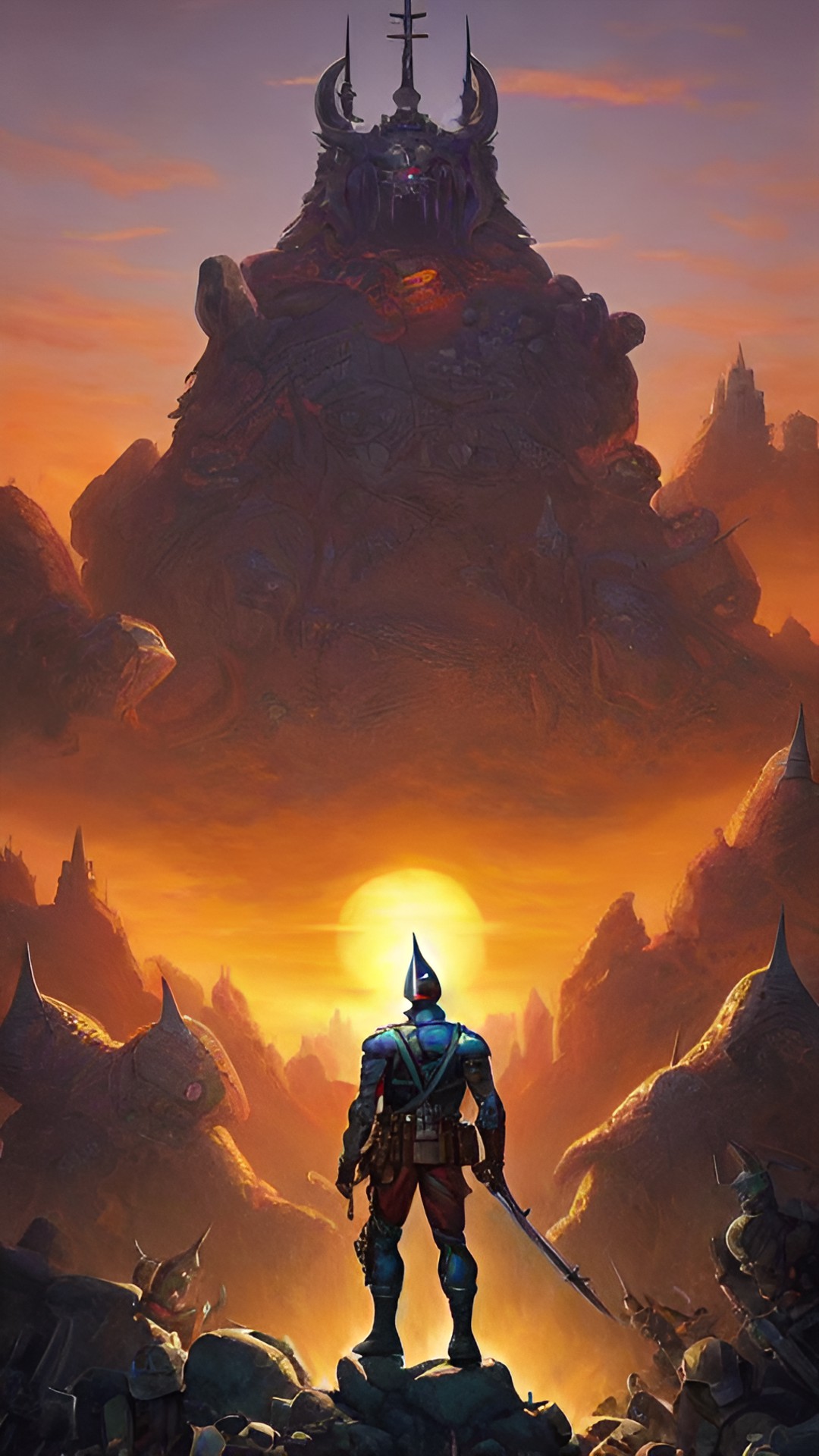 midevil soldier standing on a hill of monster corpses, setting sun over a battlefield, shadow, ultra hd preview