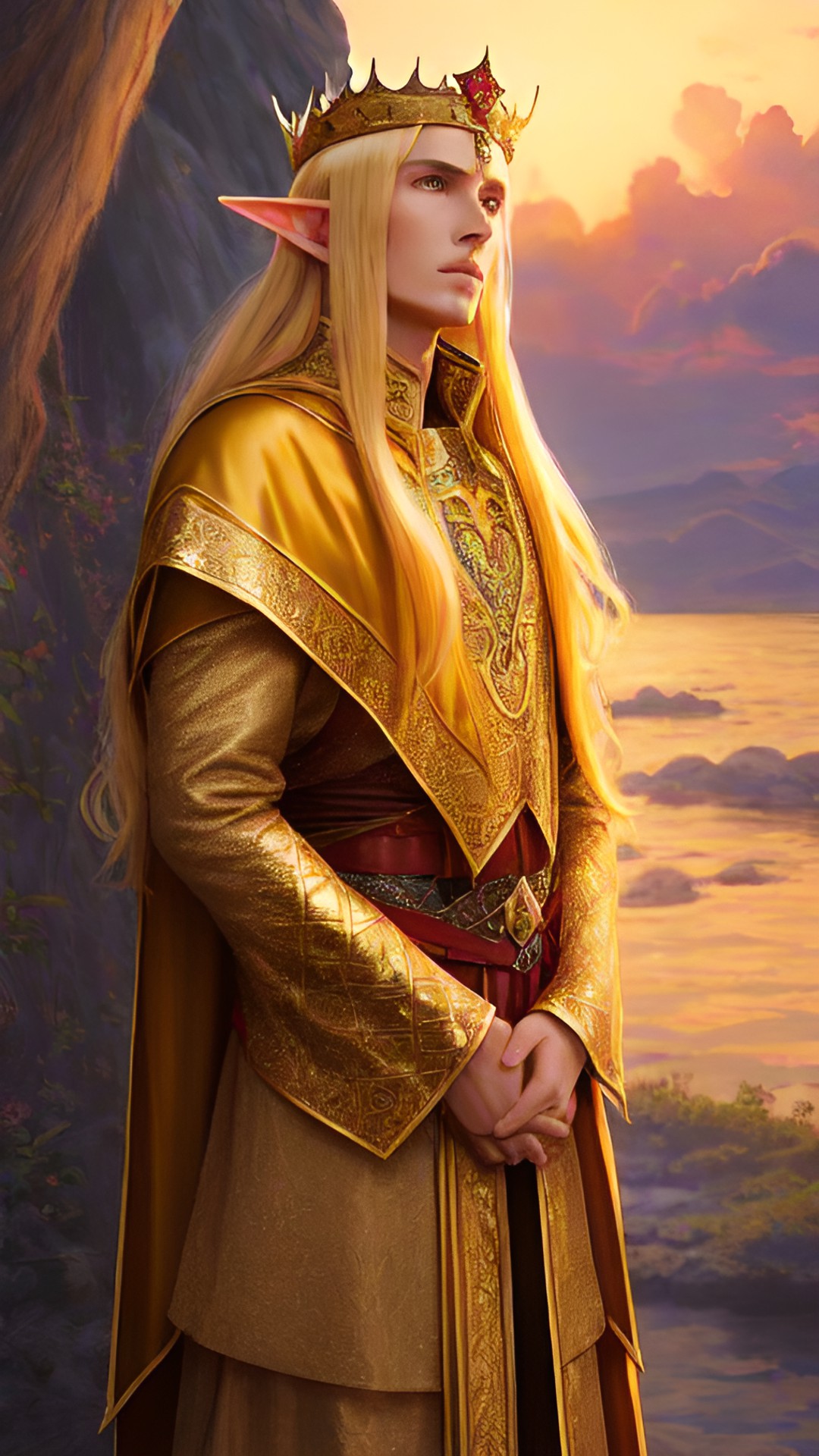 elf summer king, long elven ears, tanned skin, long golden hair, golden regal attire, crown of golden light, cape of sunset colored sheer fabric preview