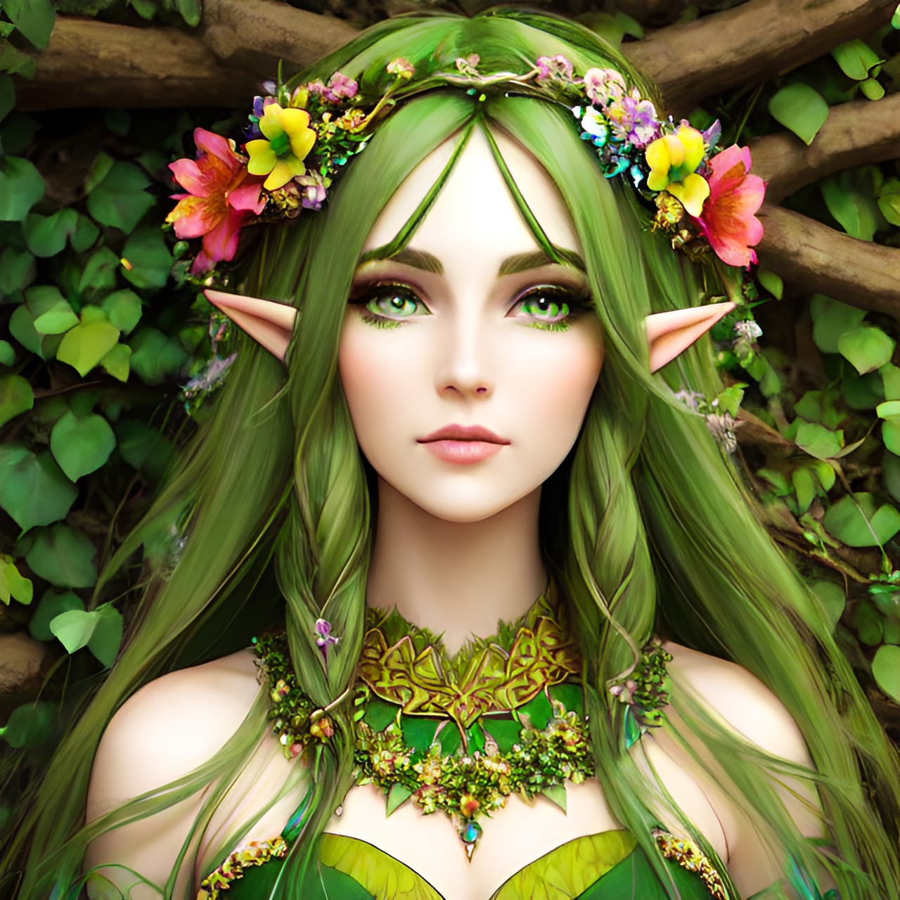 spring eladrin, pointy elf ears, green skin, ethereal woman, long green flowing hair, brown eyes, adorned in a wildflower head wreath, flower broach, budding jewelry, multicolored face makeup. flowing clothes in green tones, growing flowers and vines wherever she steps. preview