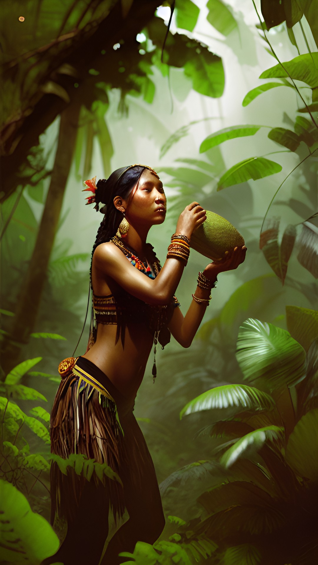 Breadfruit - amazon tribal woman picking breadfruit in jungle. preview