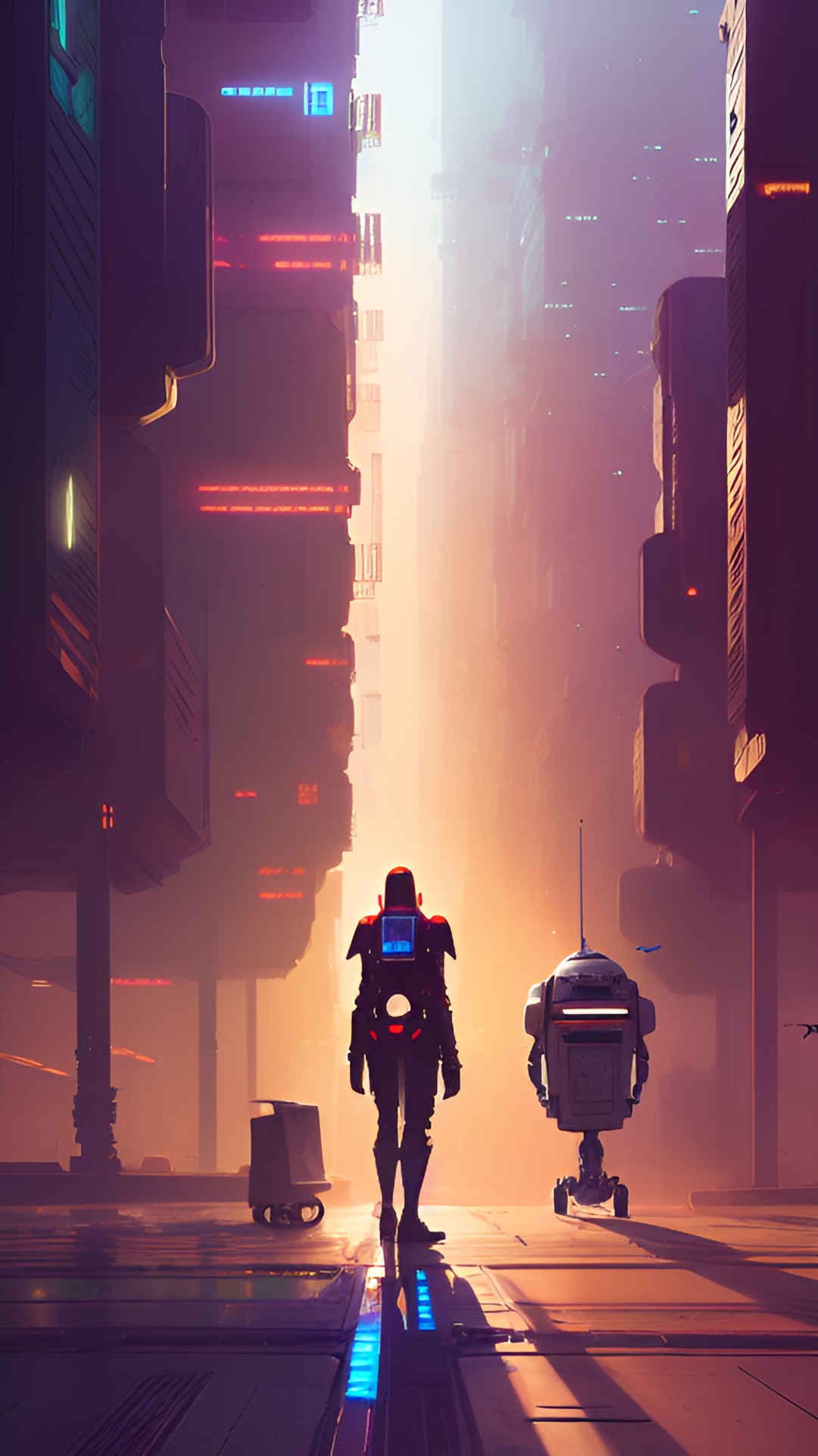 Droids in Love - robot trashcan droid at dawn. rays of sunlight in a futuristic droid city. droids everywhere preview