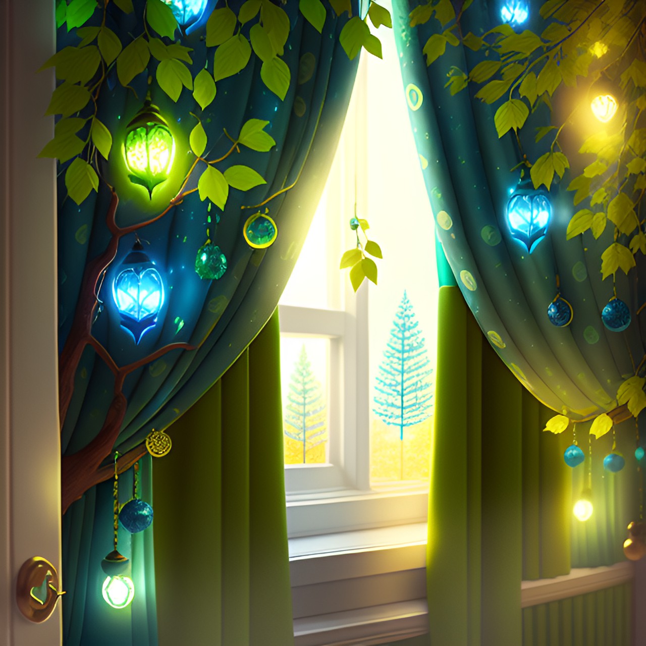 an electric garland of blue and green lanterns hangs on chic green curtains, and an oak tree with golden acorns grows on the windowsill preview