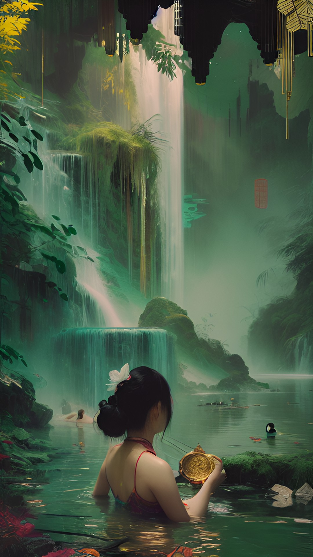 Emperors Secret Pool - chinese maidens bathing in emerald pool of water under waterfall preview