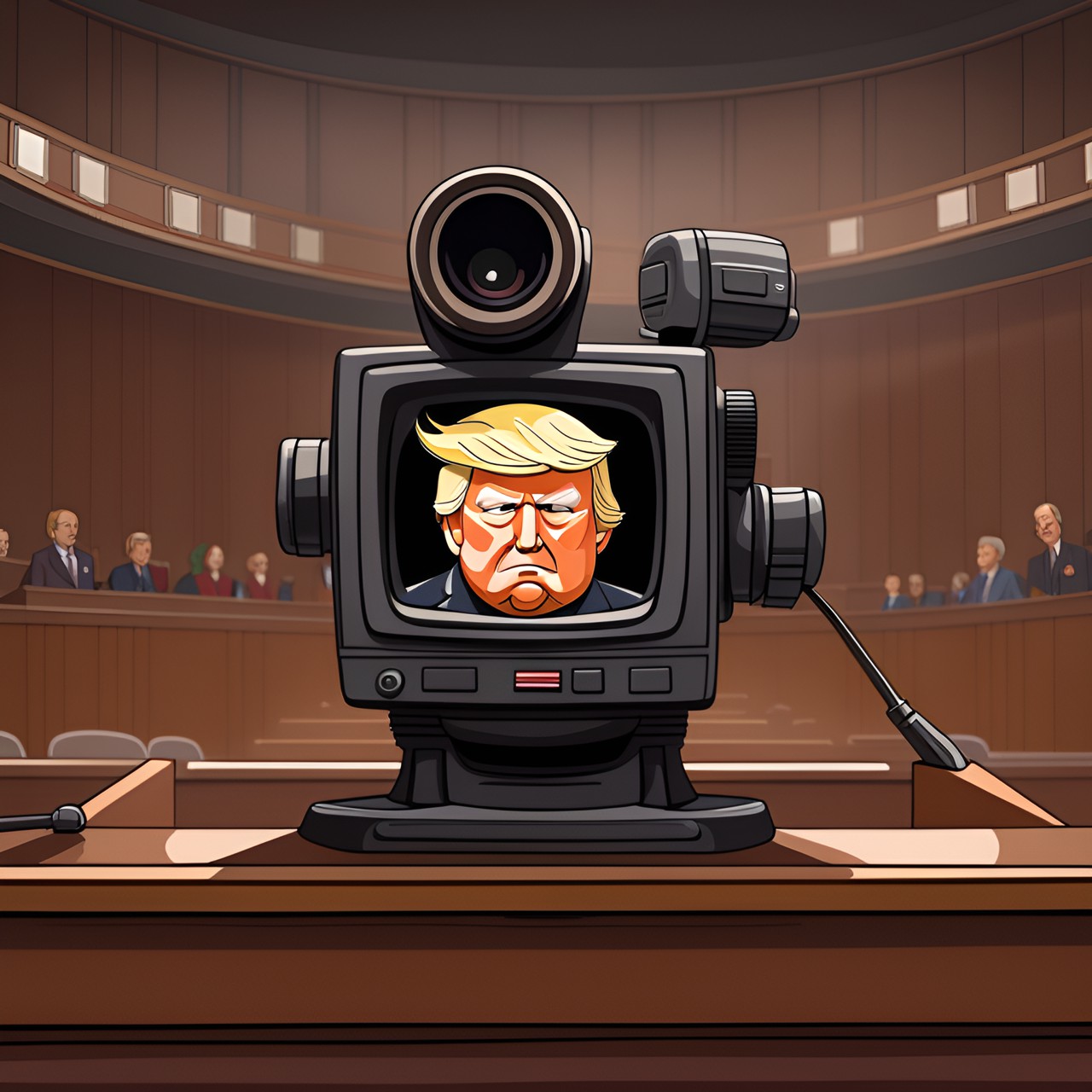 television camera focused on donald trump in a courtroom preview