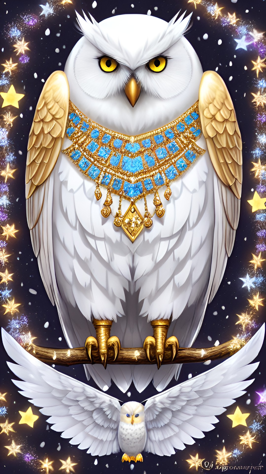 Hedwig - magical white snow owl hedwig with fluffy feathers of harry potter in a golden amour with jewllery and the beak and claws with diamonds with butterflies all around
highly detailed realistic preview