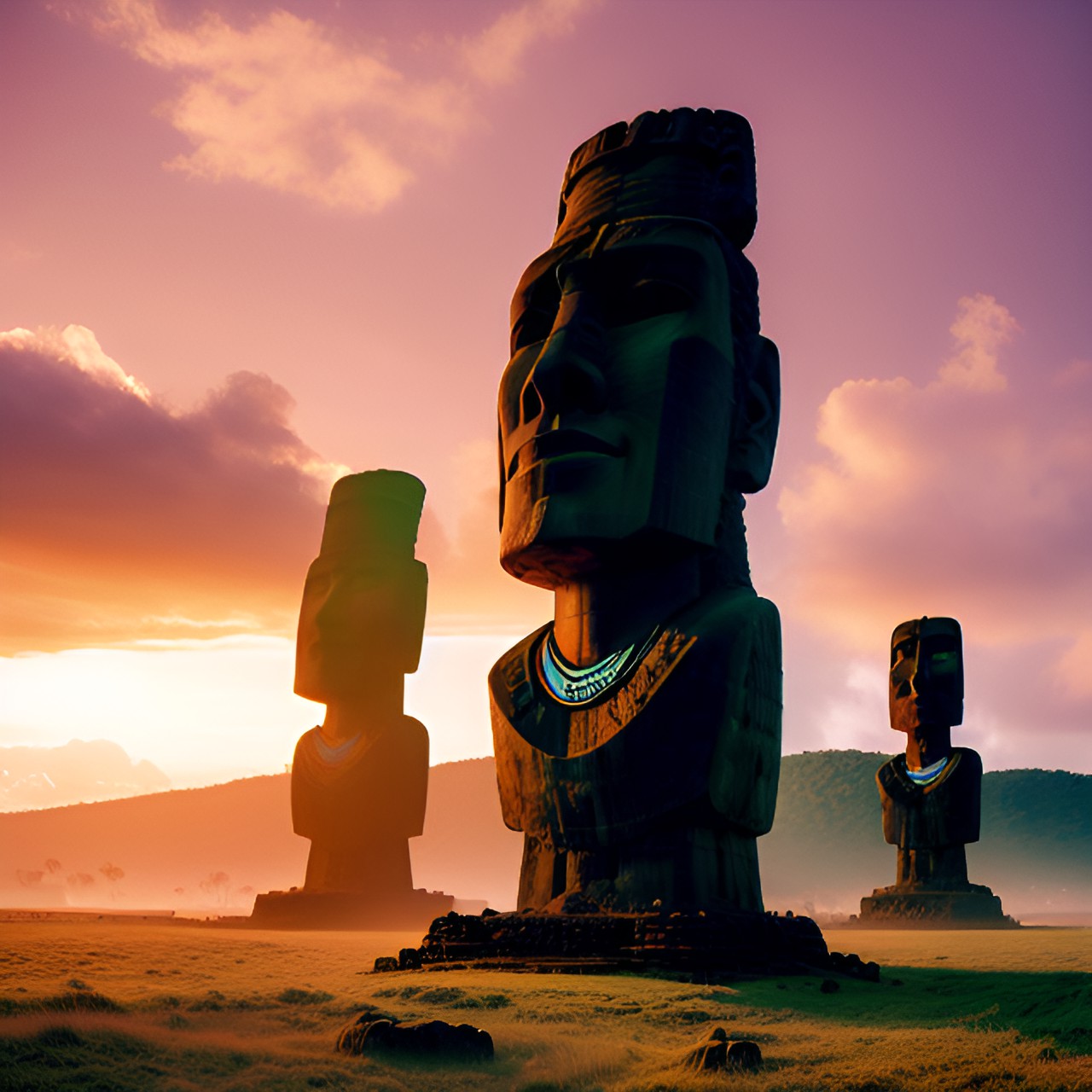 Easter Island Dawn - moai statues in tropical island sunset preview