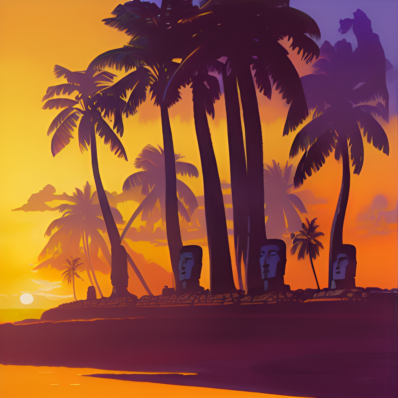 South Pacific Retro - moai statues in tropical island sunset. high resolution and detail preview