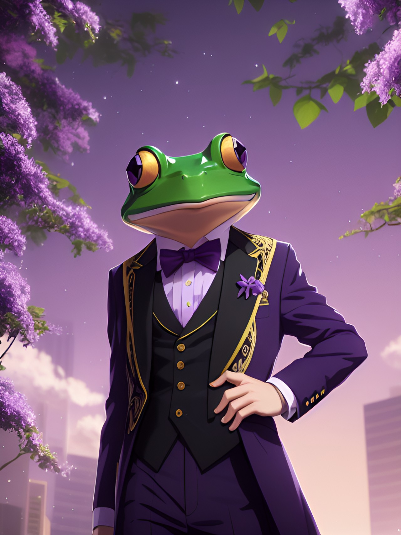 an anthropomorphic frog in a lavish purple and black suit, 8k, fashion, hd, ultra detailed, ultra realistic, reality, depth of field, intricate, elaborate, preview