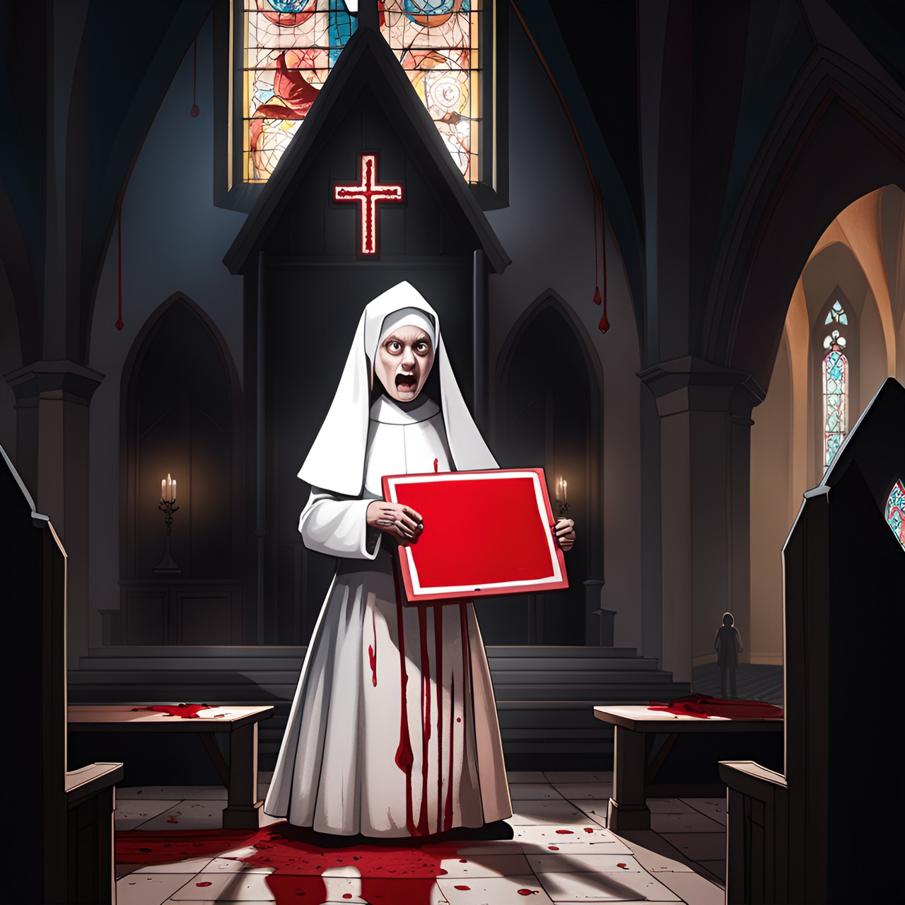 poltergeist nun holding a blank sign in a bloody church preview