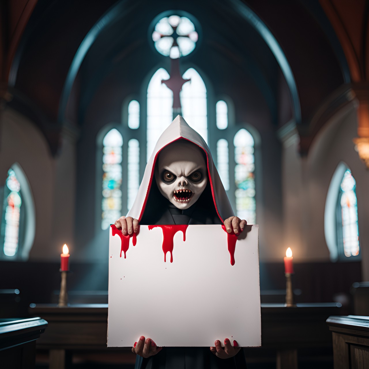 angry ghost nun holding a blank sign in a bloody church preview