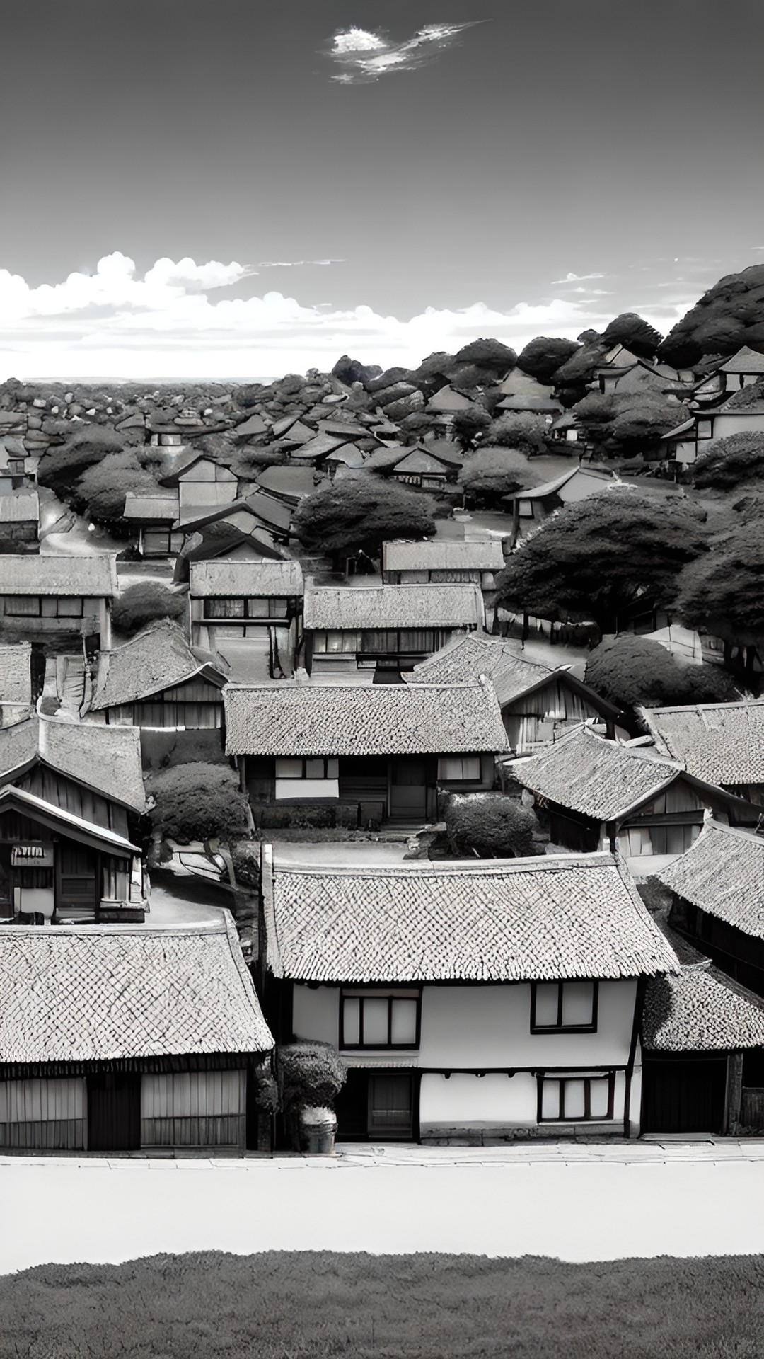 thatched houses in black and white preview