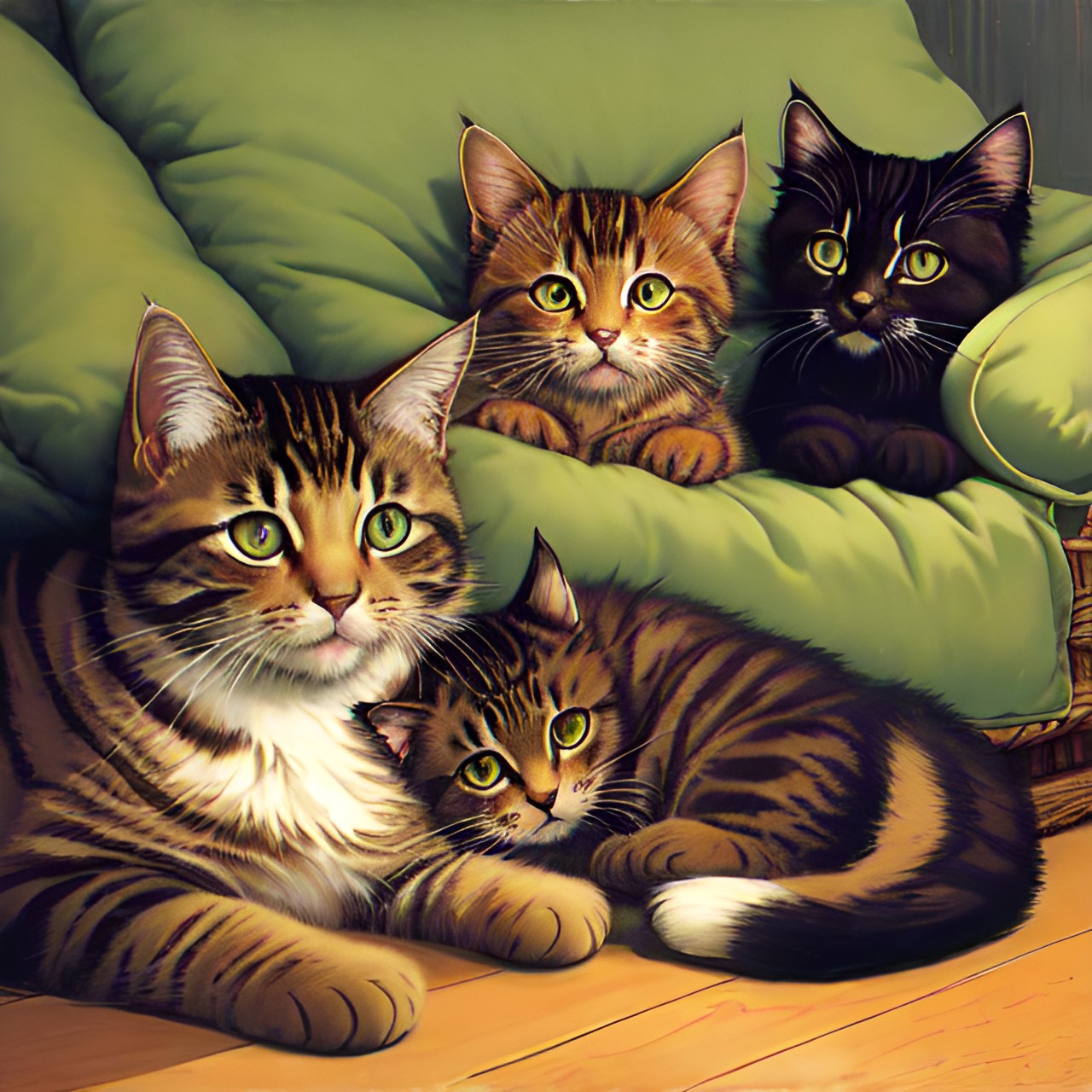 little dark brown fluffy tabby kittens nursing on their mom cat in pillows preview