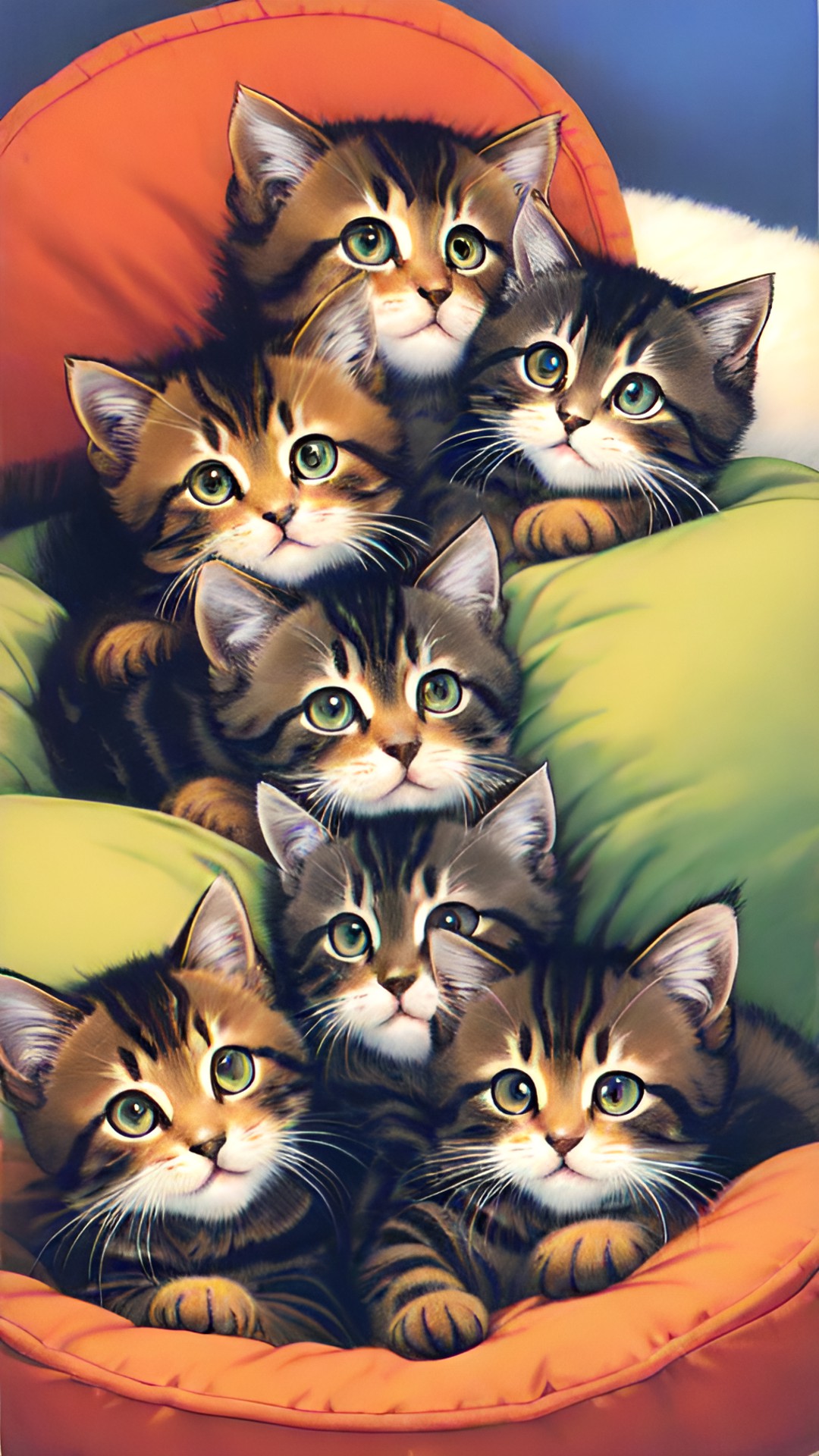 little dark brown fluffy tabby kittens nursing on their mom cat in pillows preview