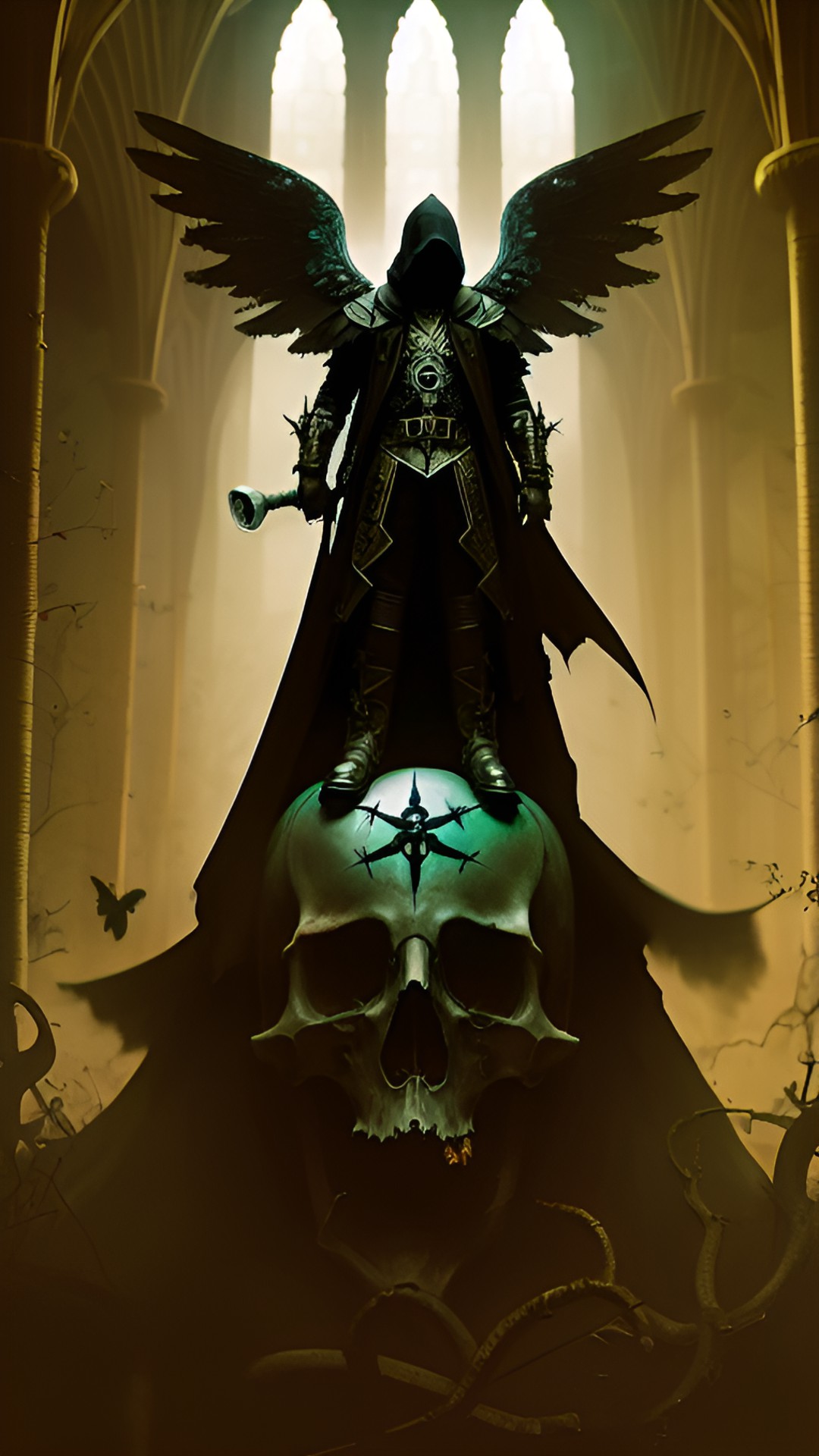 Prince of Darkness - angel of death with large black wings holding a giant sickle. standing on skull with vines and mushrooms. mist and smoke preview