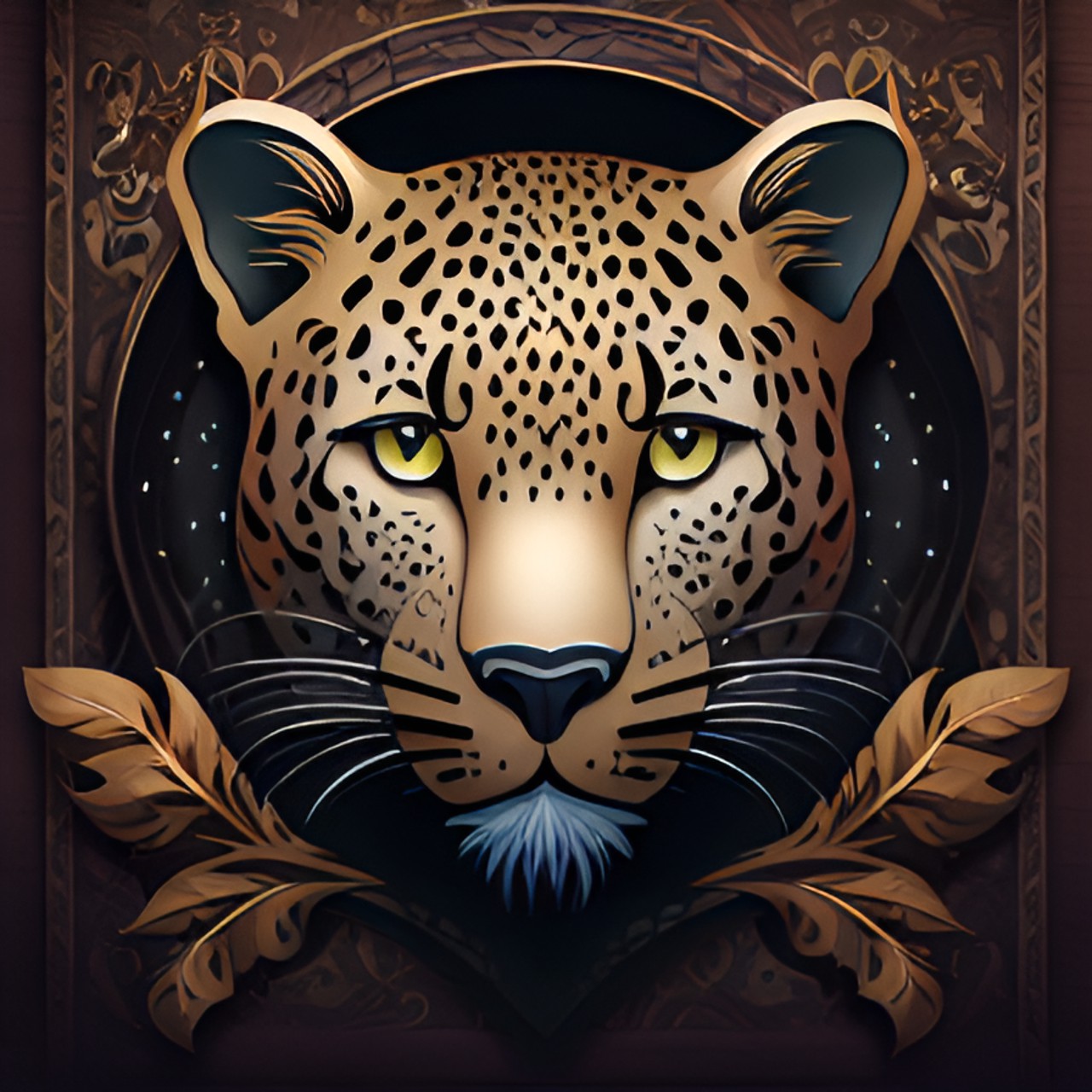 create a mystic cover page depicting a leopard head - create a mystic cover page depicting a leopard head. the leopard should be looking directly at the viewer with a piercing gaze. the background should be dark wood preview