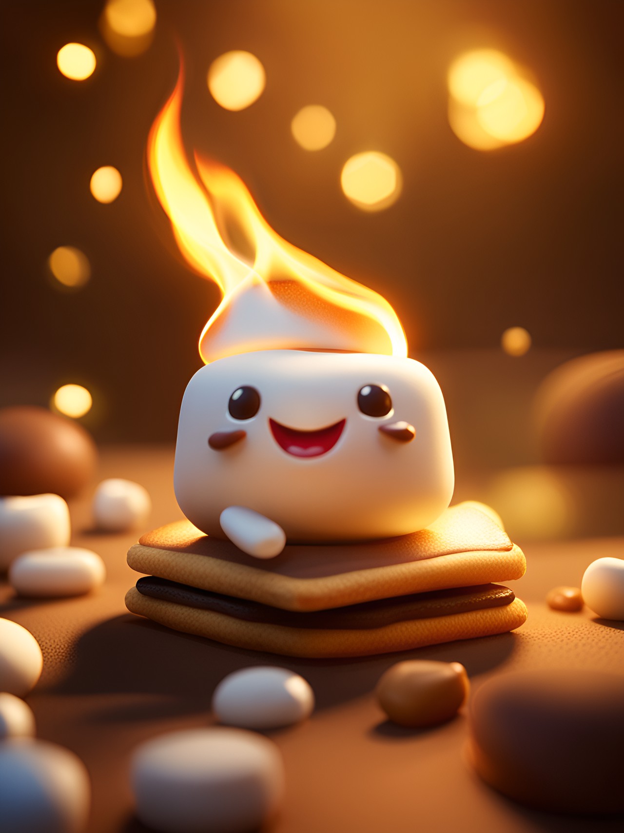 Fails that Work 05 - kawaii dessert, giggling toasted marshmallow smores, bg:outdoors, bokeh, dof, edge microbevel, shadow edging, octane render 4k, in motion, art by puffy puffpuff, art by fatima / @fk_3d preview