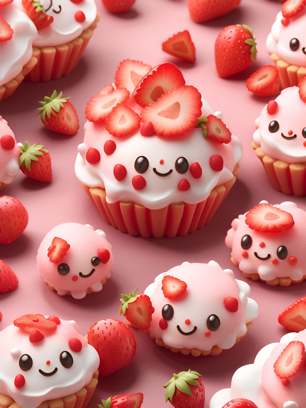 Kawaii Food 10 - happy silly kawaii dessert (crumbly textured strawberries and cream tarts), edge microbevel, shadow edging, octane render 4k, stunning realistic texture, intricately detailed work, dop, dof, art by cezanne, art by puffy puffpuff, art by fatima / @fk_3d, trending on artstation preview