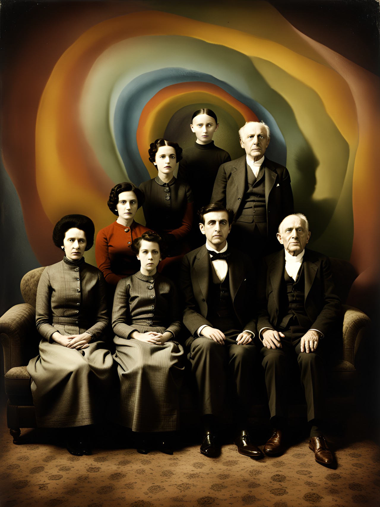 tintype of a normal family sitting on a couch in a sparse shadowy macabre living room with a optical illusion, geomertic, multi colored, 3d, high resolution swirling vortex with mysterious human shadows coming out the wall by, leonora carrington, arthur tress, jheronimus bosch, louis daguerre, franz kafka preview