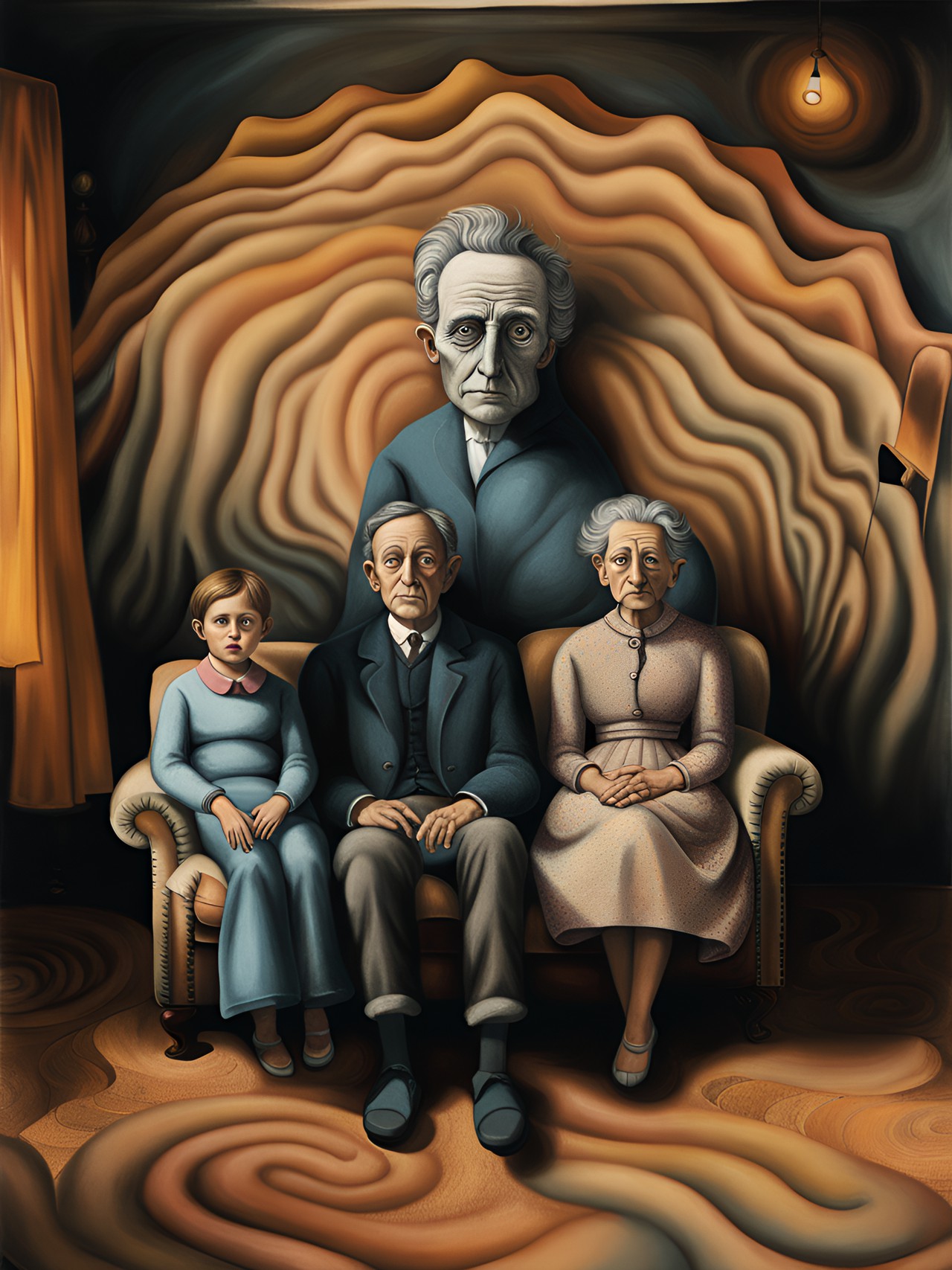 tintype of a normal family sitting on a couch in a sparse shadowy macabre living room with a optical illusion, geomertic, multi colored, 3d, high resolution swirling vortex with mysterious shadowy hands coming out the wall by, leonora carrington, arthur tress, jheronimus bosch, louis daguerre, franz kafka preview