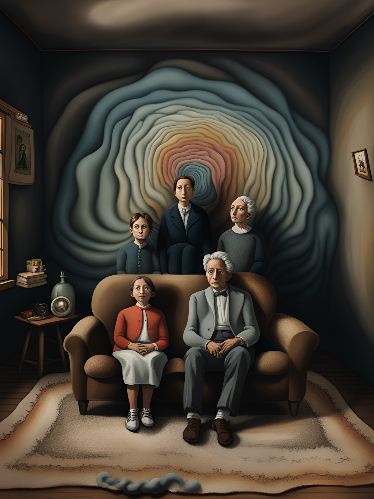 tintype of a normal family sitting on a couch in a sparse shadowy macabre living room with a optical illusion, geomertic, multi colored, 3d, high resolution swirling vortex with mysterious shadowy hands coming out the wall by, leonora carrington, arthur tress, jheronimus bosch, louis daguerre, franz kafka preview