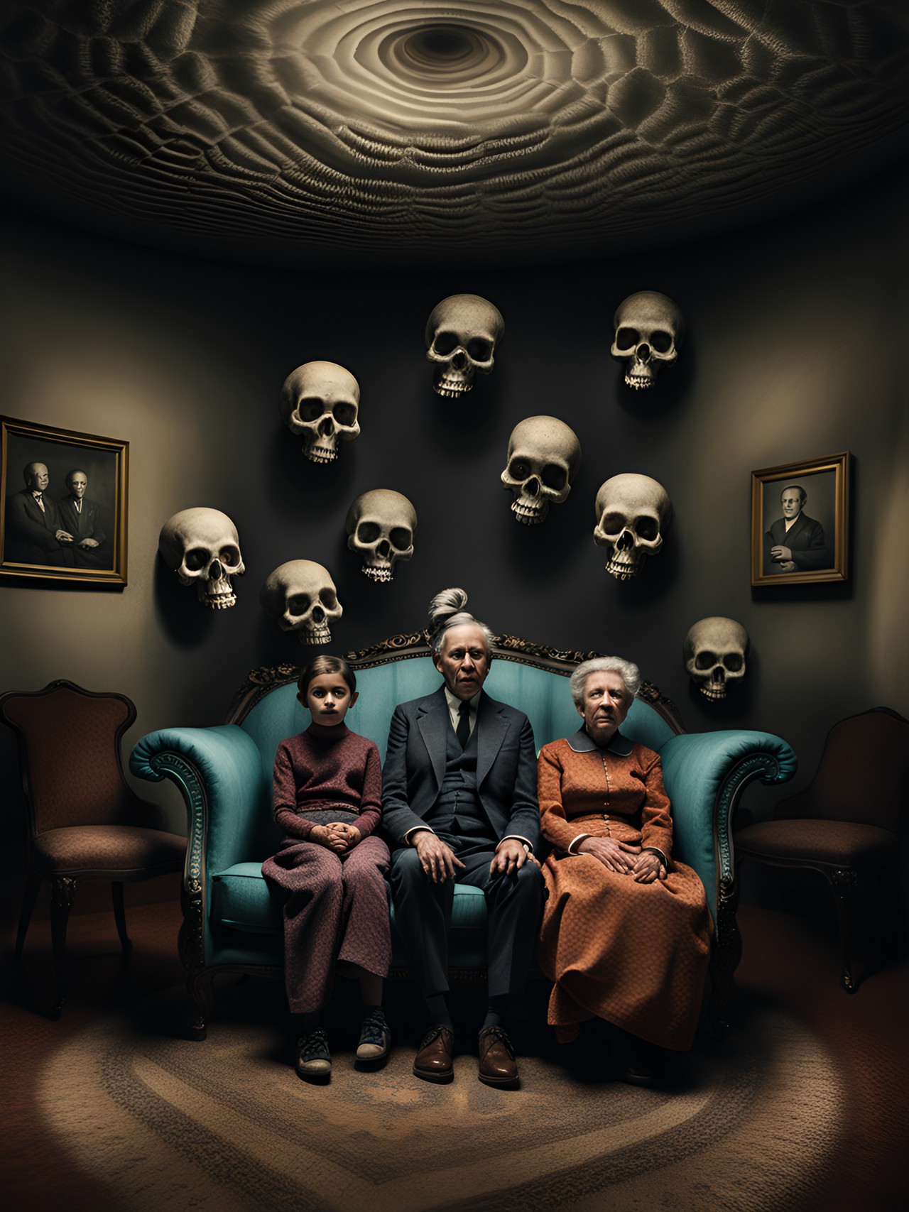 tintype of a normal family sitting on a couch in a sparse shadowy macabre living room with a optical illusion, geomertic, multi colored, 3d, high resolution swirling vortex with mysterious shadowy skulls flying out the wall by, leonora carrington, arthur tress, jheronimus bosch, louis daguerre, franz kafka preview