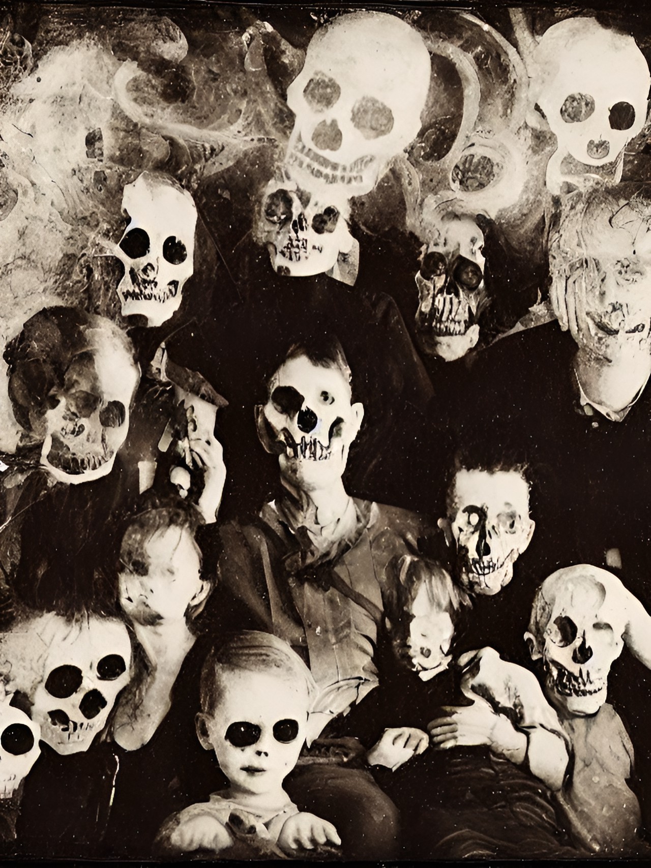 tintype of a normal family sitting on a couch in a sparse shadowy macabre living room with a optical illusion, geomertic, multi colored, 3d, high resolution swirling vortex with mysterious shadowy skulls flying out the wall by, leonora carrington, arthur tress, jheronimus bosch, louis daguerre, franz kafka preview