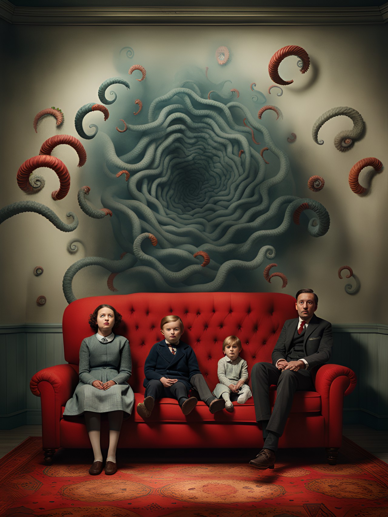 tintype of a normal family sitting on a couch in a sparse shadowy macabre living room with a optical illusion, geomertic, multi colored, 3d, high resolution swirling vortex with mysterious red tentacles flying out the wall by, leonora carrington, arthur tress, jheronimus bosch, louis daguerre, franz kafka preview