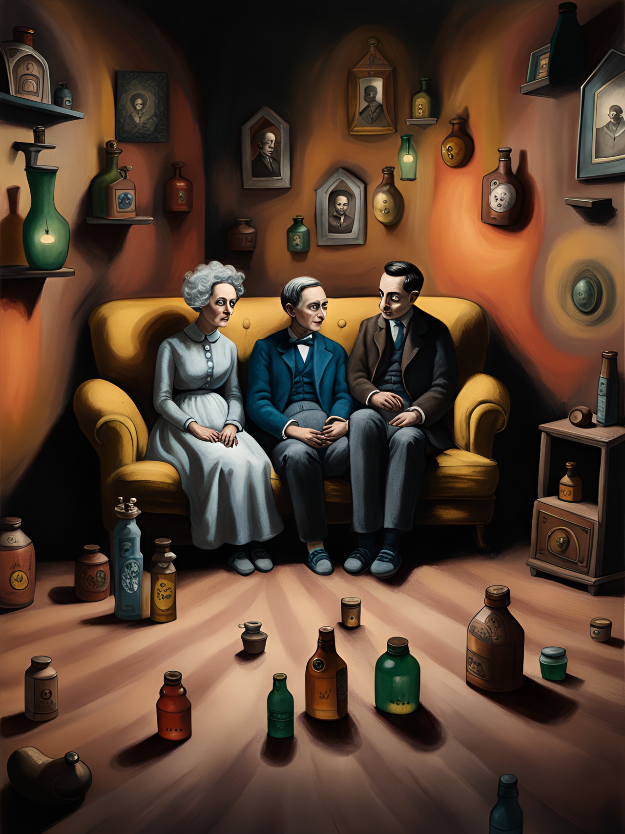 tintype of a normal family sitting on a couch in a sparse shadowy macabre living room with a optical illusion, geomertic, multi colored, 3d, high resolution swirling vortex with mysterious bottles of whiskey flying out the wall by, leonora carrington, arthur tress, jheronimus bosch, louis daguerre, franz kafka preview