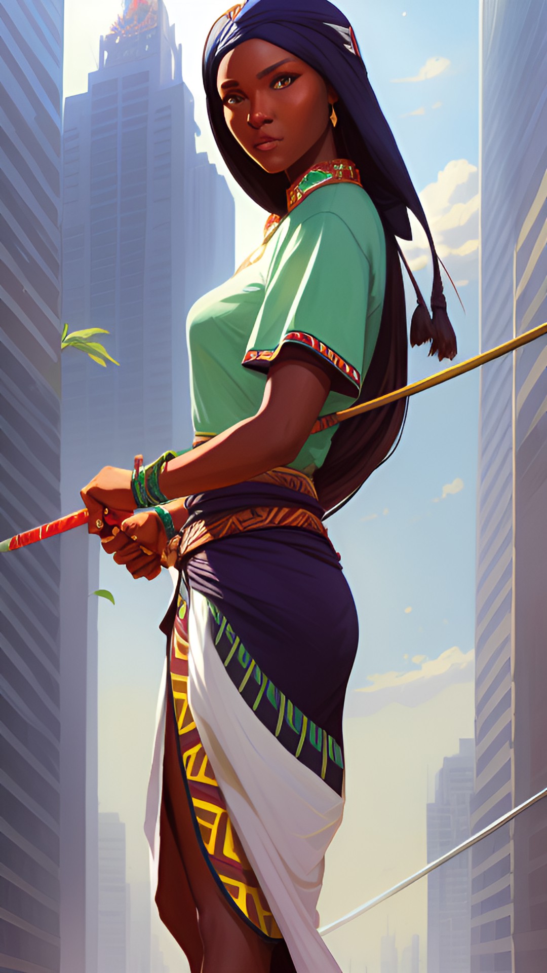 New Beginnings - tall african tribal woman with spear in city preview