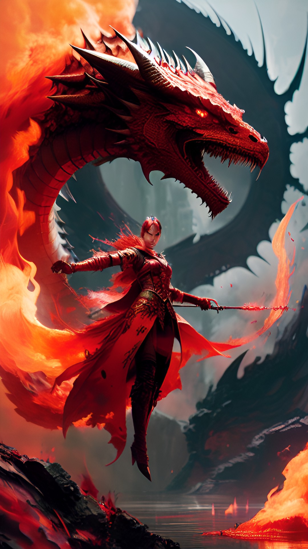 Lake of Fire - red dragon and enchantress in bubbling fiery lake of fire preview