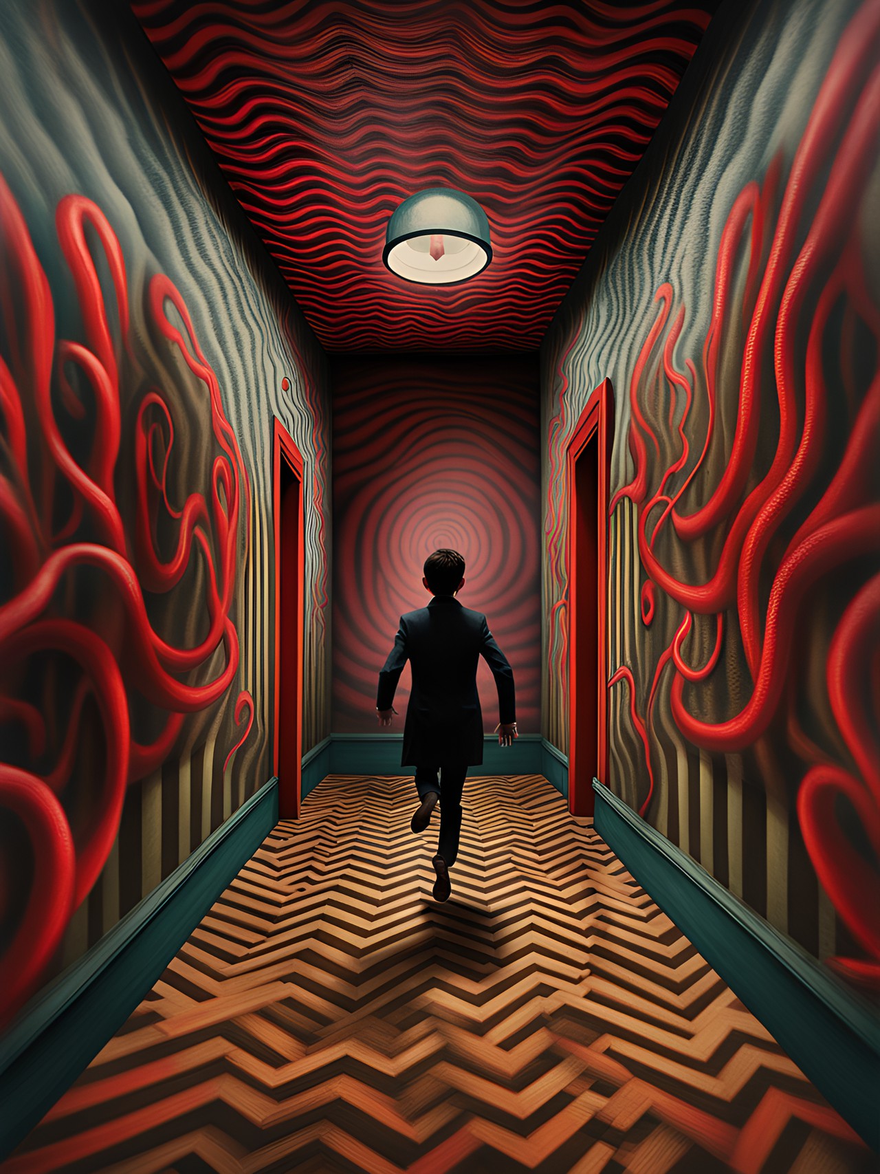 tintype of a man running down a shadowy macabre hallway with a optical illusion, geometric, multi colored, 3d motion blur, high resolution swirling vortex with mysterious long red tentacles reaching from down the hall by, leonora carrington, arthur tress, jheronimus bosch, louis daguerre, franz kafka preview