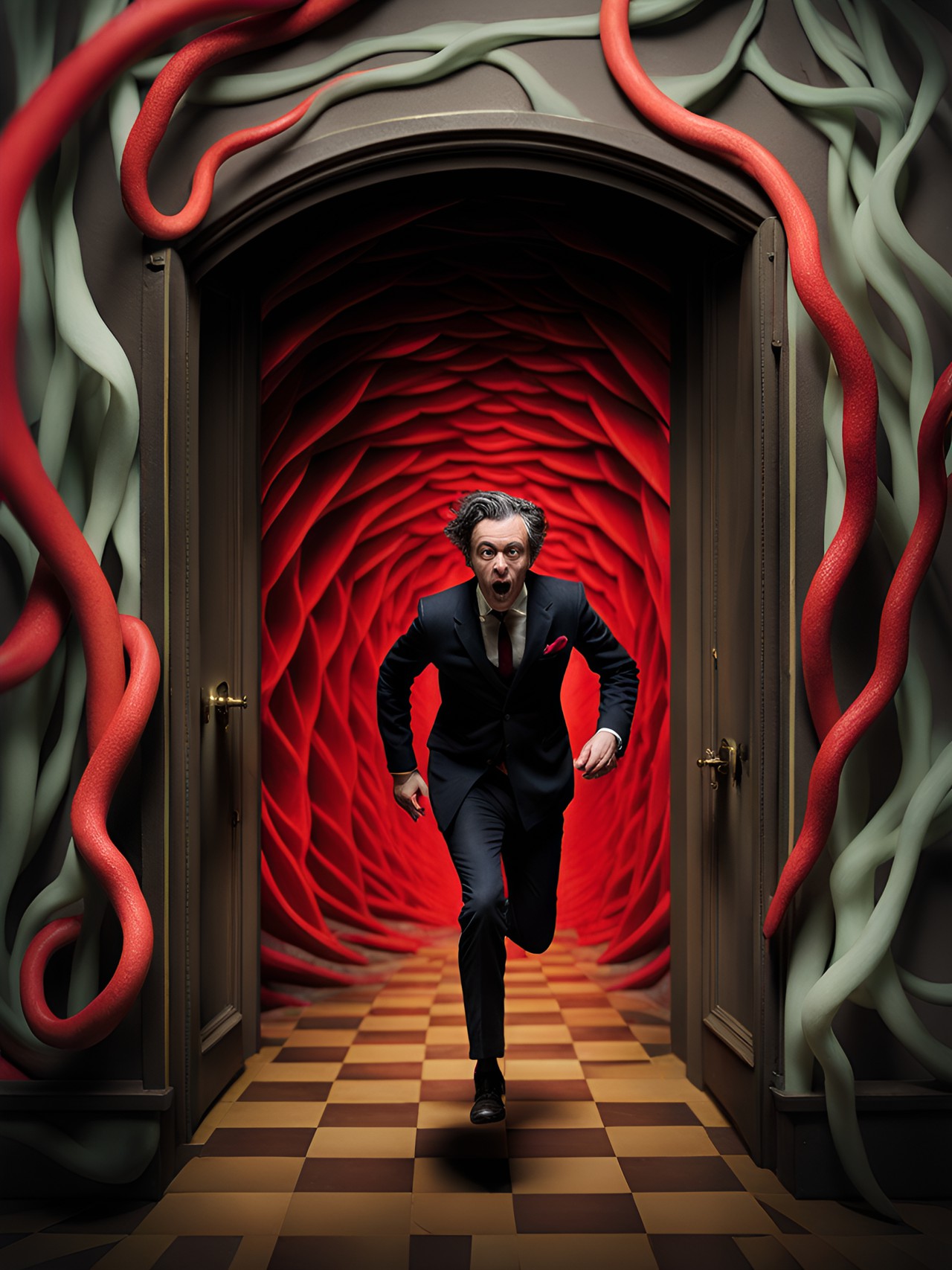 tintype of a man running out of a shadowy macabre multi dimensional doorway with a optical illusion, geometric, multi colored, 3d motion blur, high resolution swirling vortex with mysterious long red tentacles reaching from down the hall by, leonora carrington, arthur tress, jheronimus bosch, louis daguerre, franz kafka preview