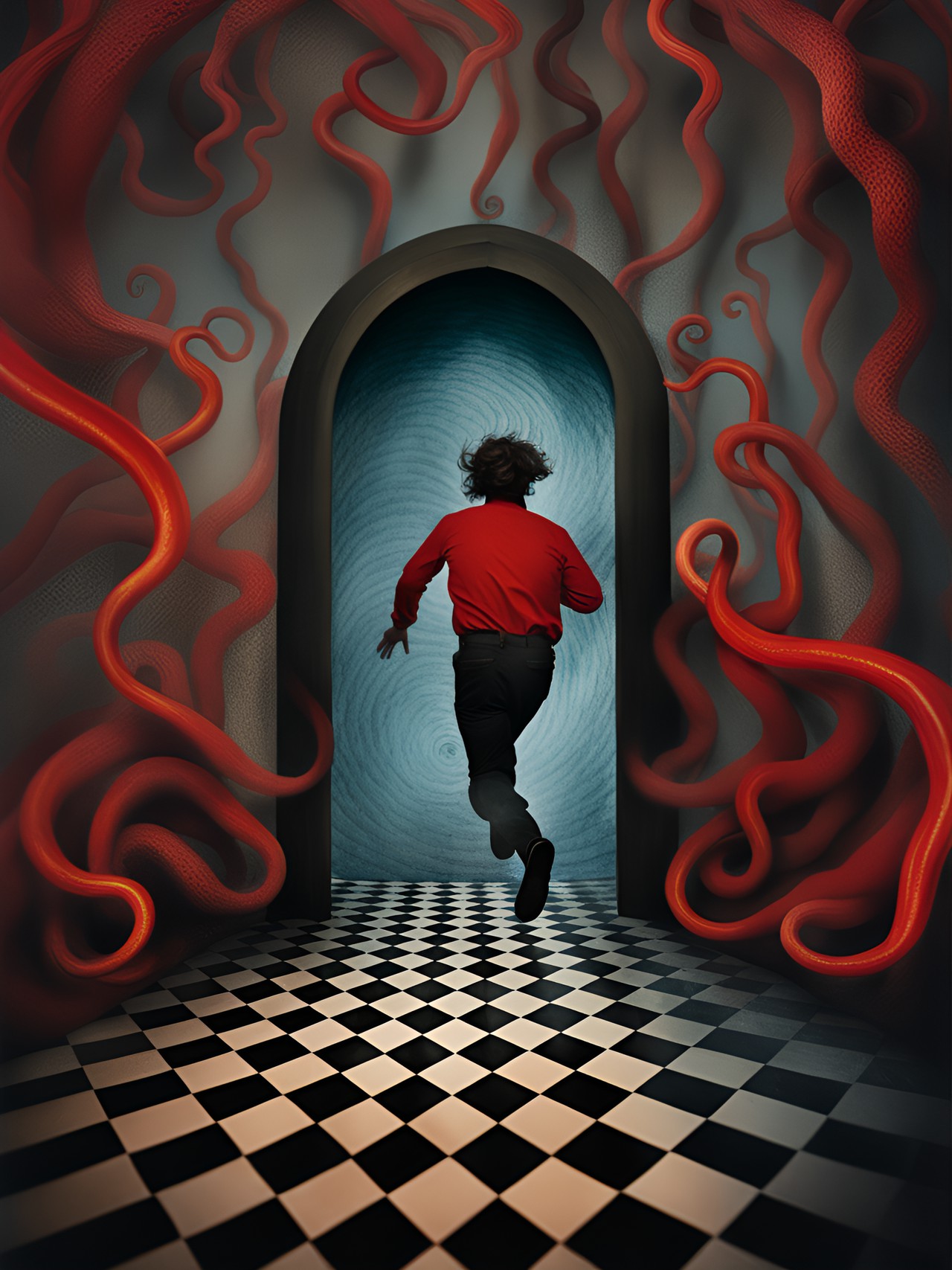 tintype of a man running out of a shadowy macabre multi dimensional doorway with a optical illusion, geometric, multi colored, 3d motion blur, high resolution swirling vortex with mysterious long red kraken tentacles reaching from down the hall by, leonora carrington, arthur tress, jheronimus bosch, louis daguerre, franz kafka preview