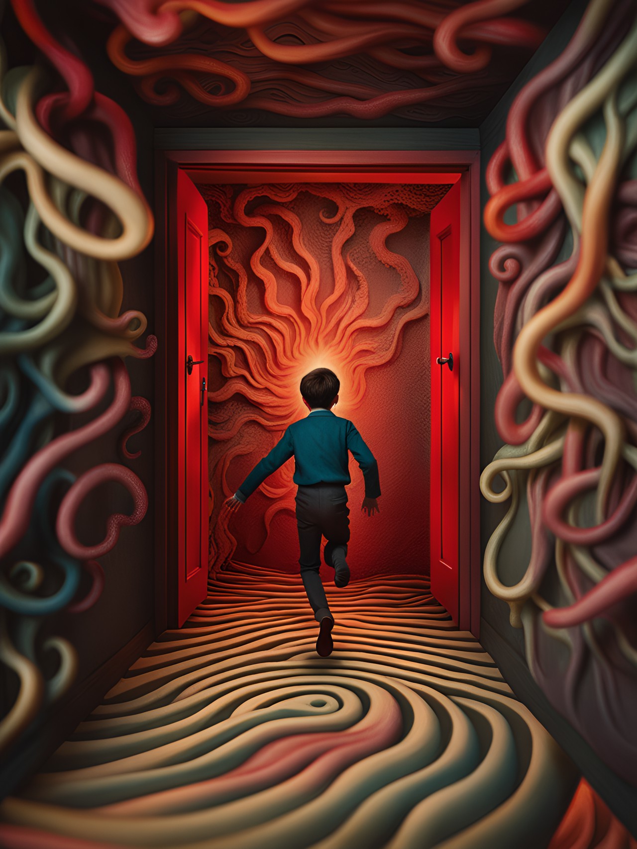 tintype of a man running out of a shadowy macabre multi dimensional doorway with a optical illusion, geometric, multi colored, 3d motion blur, high resolution swirling vortex with mysterious long red cthulhu tentacles reaching from down the hall by, leonora carrington, arthur tress, jheronimus bosch, louis daguerre, franz kafka preview