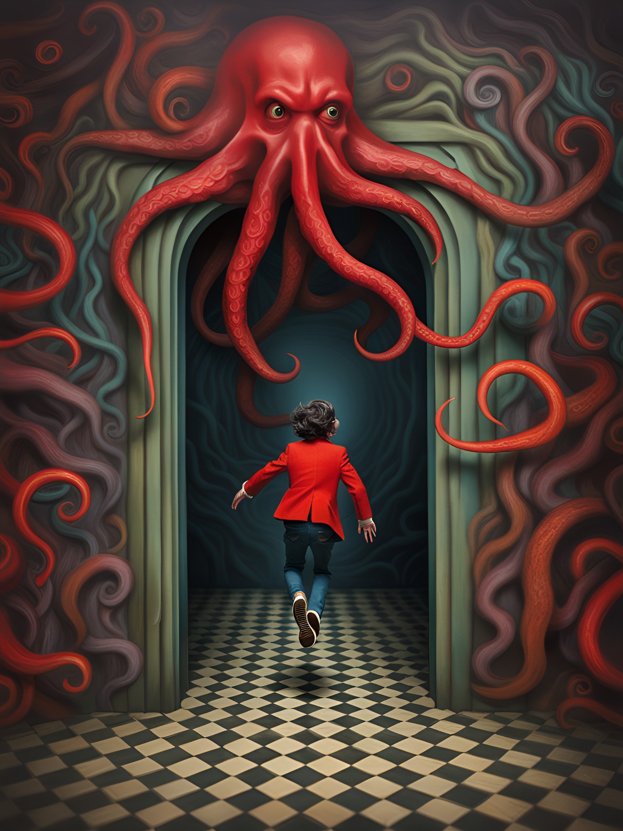 tintype of a man running out of a shadowy macabre multi dimensional doorway with an optical illusion, geometric, multi colored, 3d motion blur, high resolution swirling vortex with mysterious long red cthulhu tentacles reaching from down the hall by, leonora carrington, arthur tress, jheronimus bosch, louis daguerre, franz kafka preview