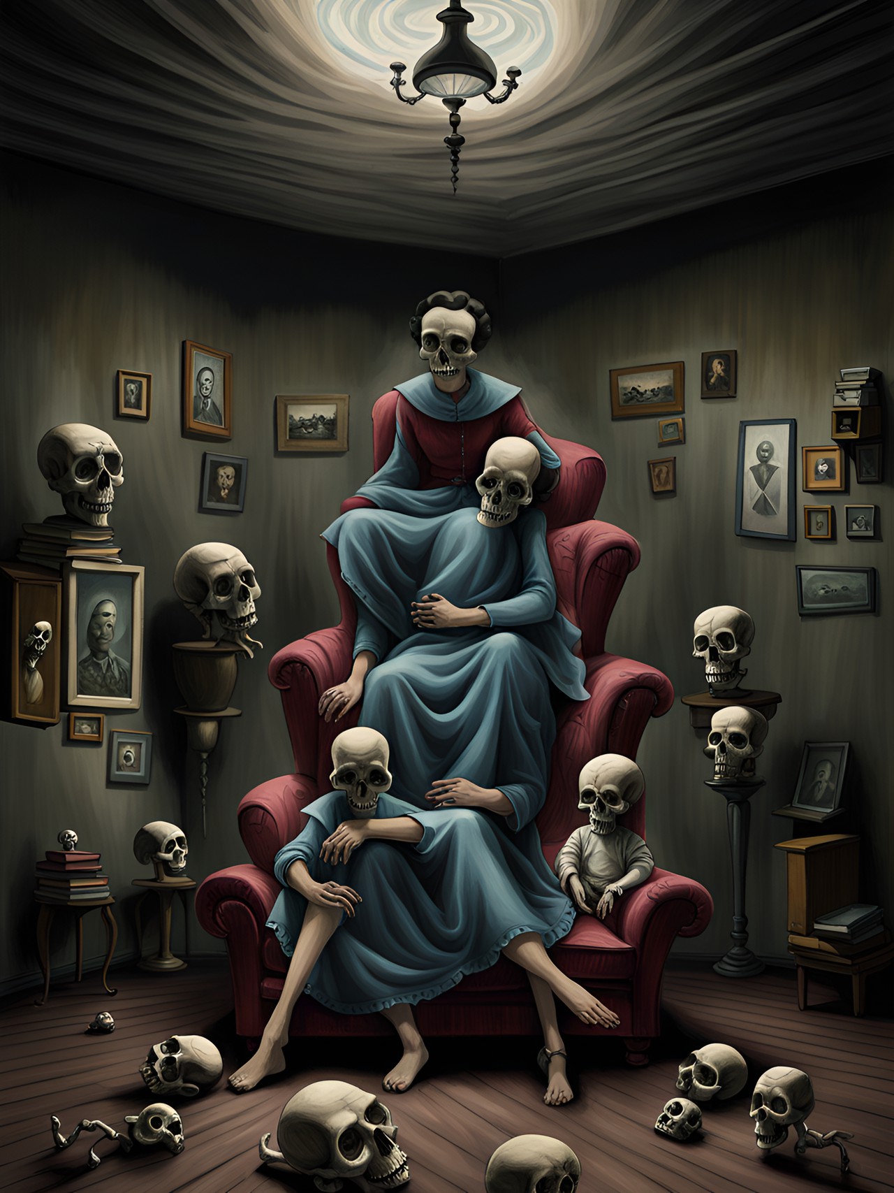 tintype of a normal family sitting on a couch in a sparse shadowy macabre living room with a optical illusion, geomertic, multi colored, 3d, high resolution swirling vortex with mysterious shadowy skulls flying out the wall by, leonora carrington, arthur tress, jheronimus bosch, louis daguerre, franz kafka preview