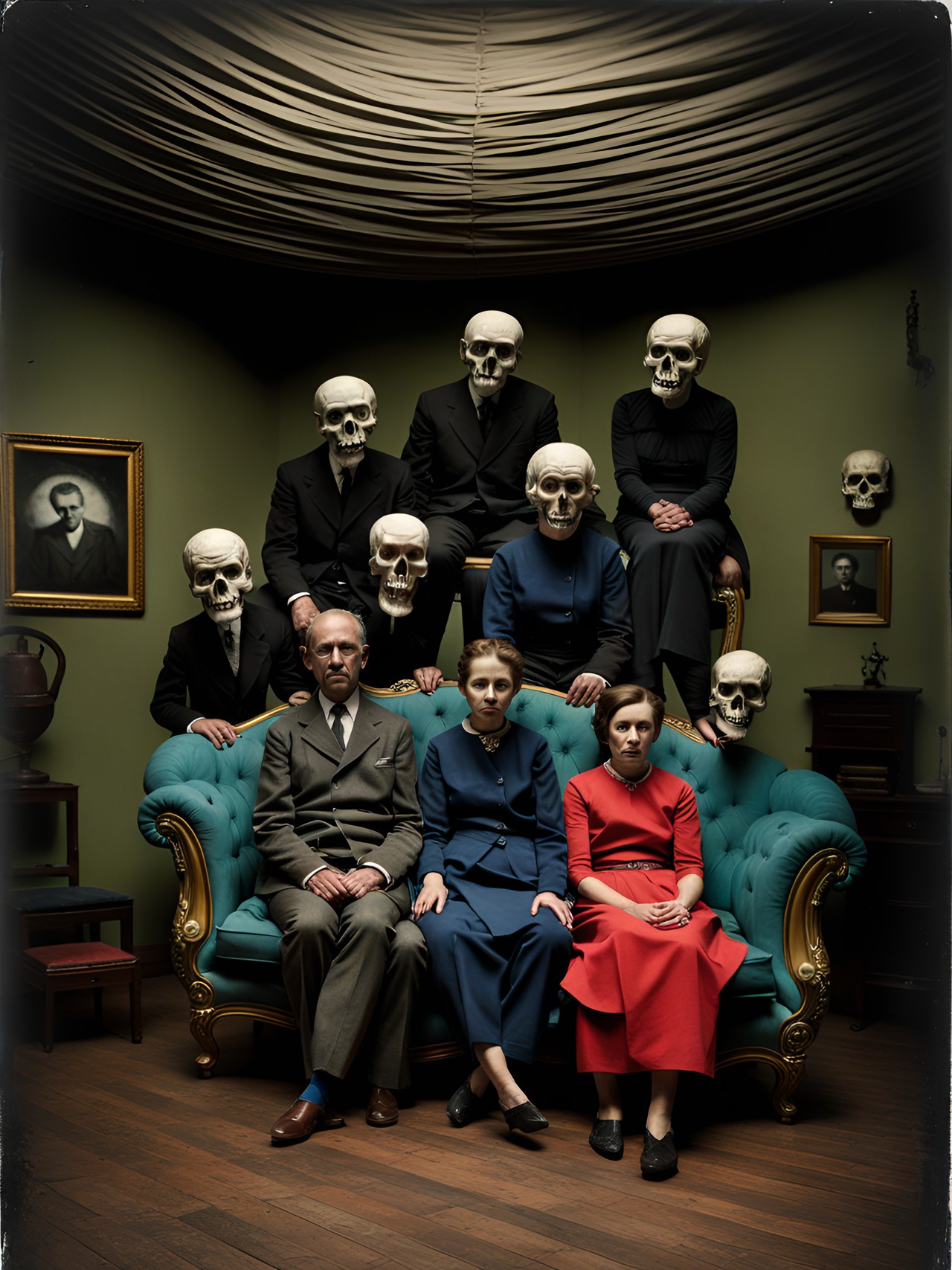 tintype of a normal family sitting on a couch in a sparse shadowy macabre living room with a optical illusion, geomertic, multi colored, 3d, high resolution swirling vortex with mysterious shadowy skulls flying out the wall by, leonora carrington, arthur tress, jheronimus bosch, louis daguerre, franz kafka preview